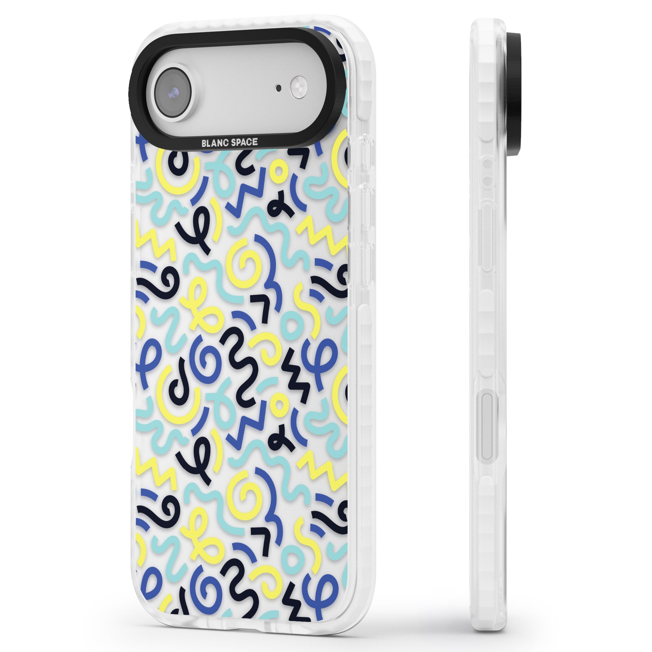 Blue & Yellow Memphis Retro iPhone 17 Air Impact Clear Phone Case Side Profile