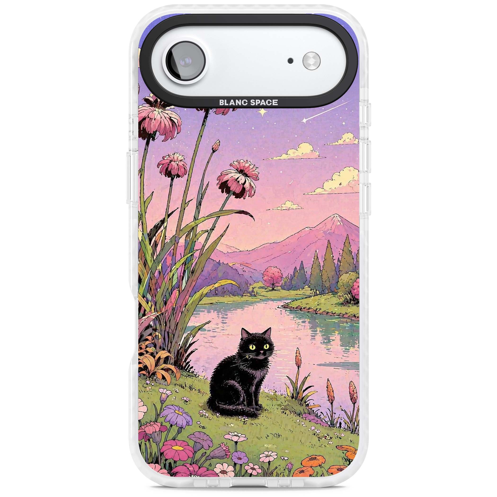 Mystic Whiskers ghibli iPhone case featuring a black cat by a pastel lake, wildflowers and a starry sunset sky | Black Impact case for iPhone Air