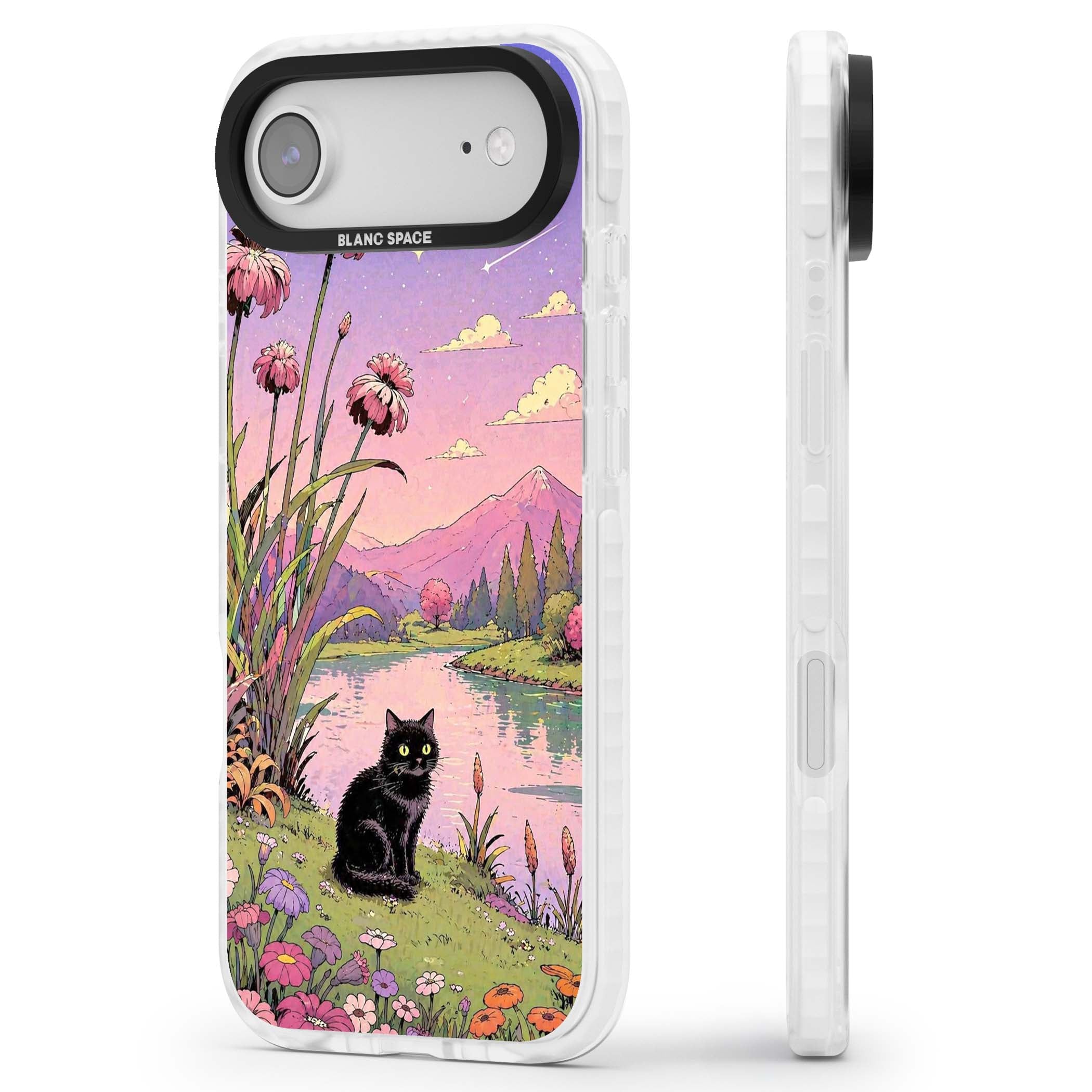 Mystic Whiskers ghibli iPhone case featuring a black cat by a pastel lake, wildflowers and a starry sunset sky | Black Impact case for iPhone Air