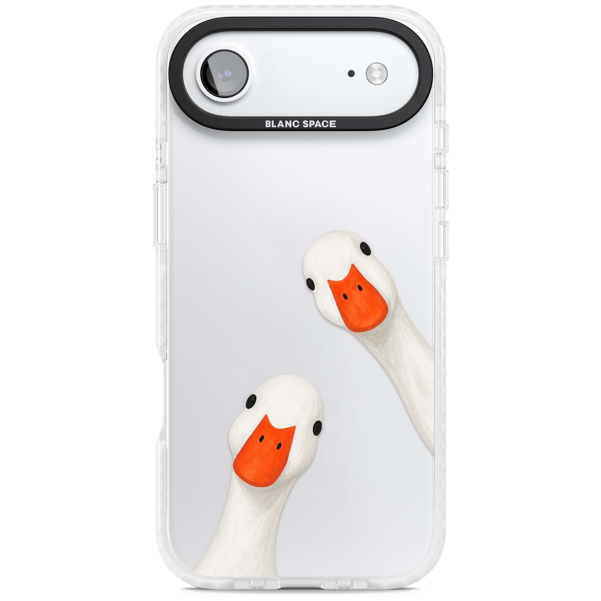 Nosy Ducks cottagecore iPhone case featuring two peeking white ducks with orange beaks on a clear background | Black Impact case for iPhone Air