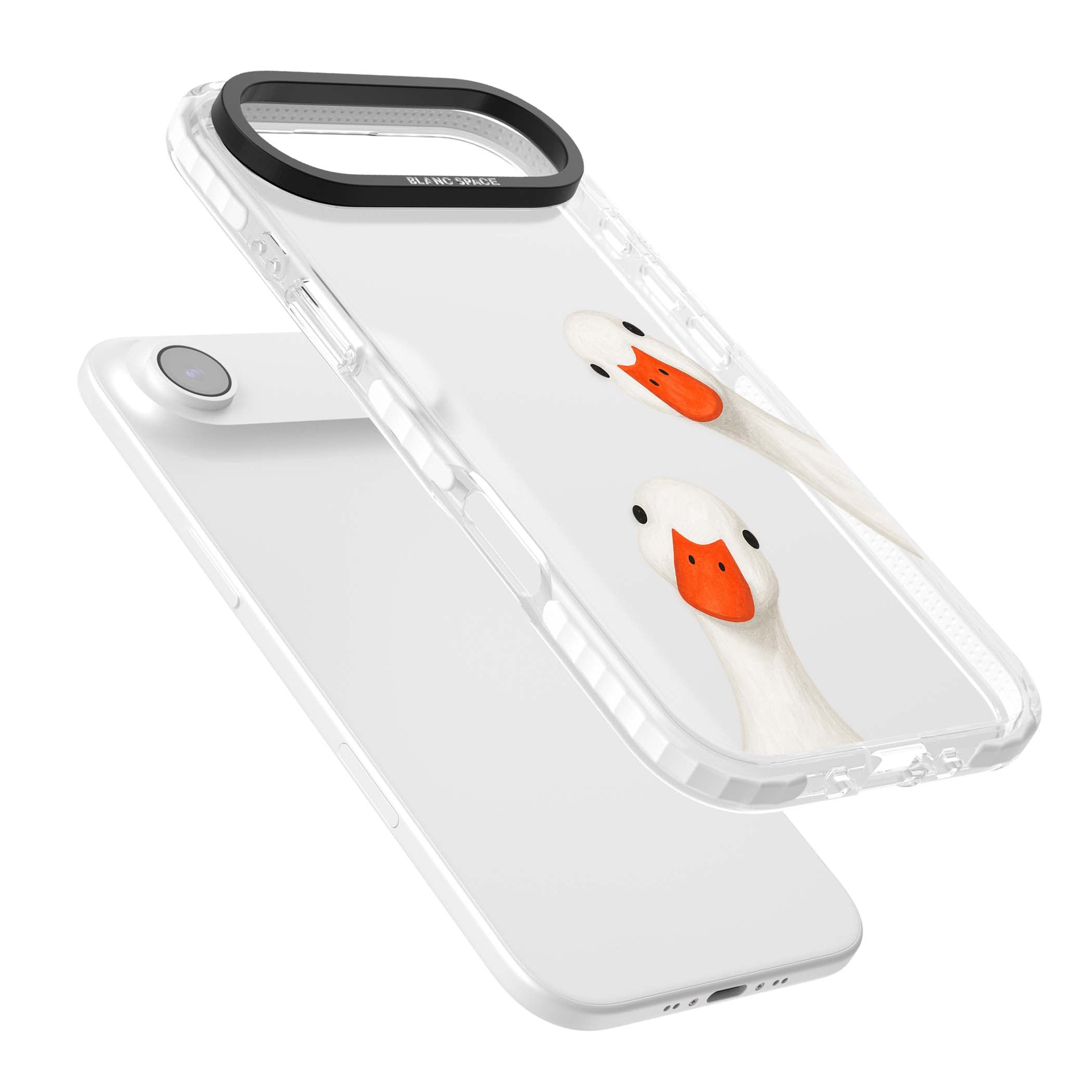 Nosy Ducks cottagecore iPhone case featuring two peeking white ducks with orange beaks on a clear background | Black Impact case for iPhone Air