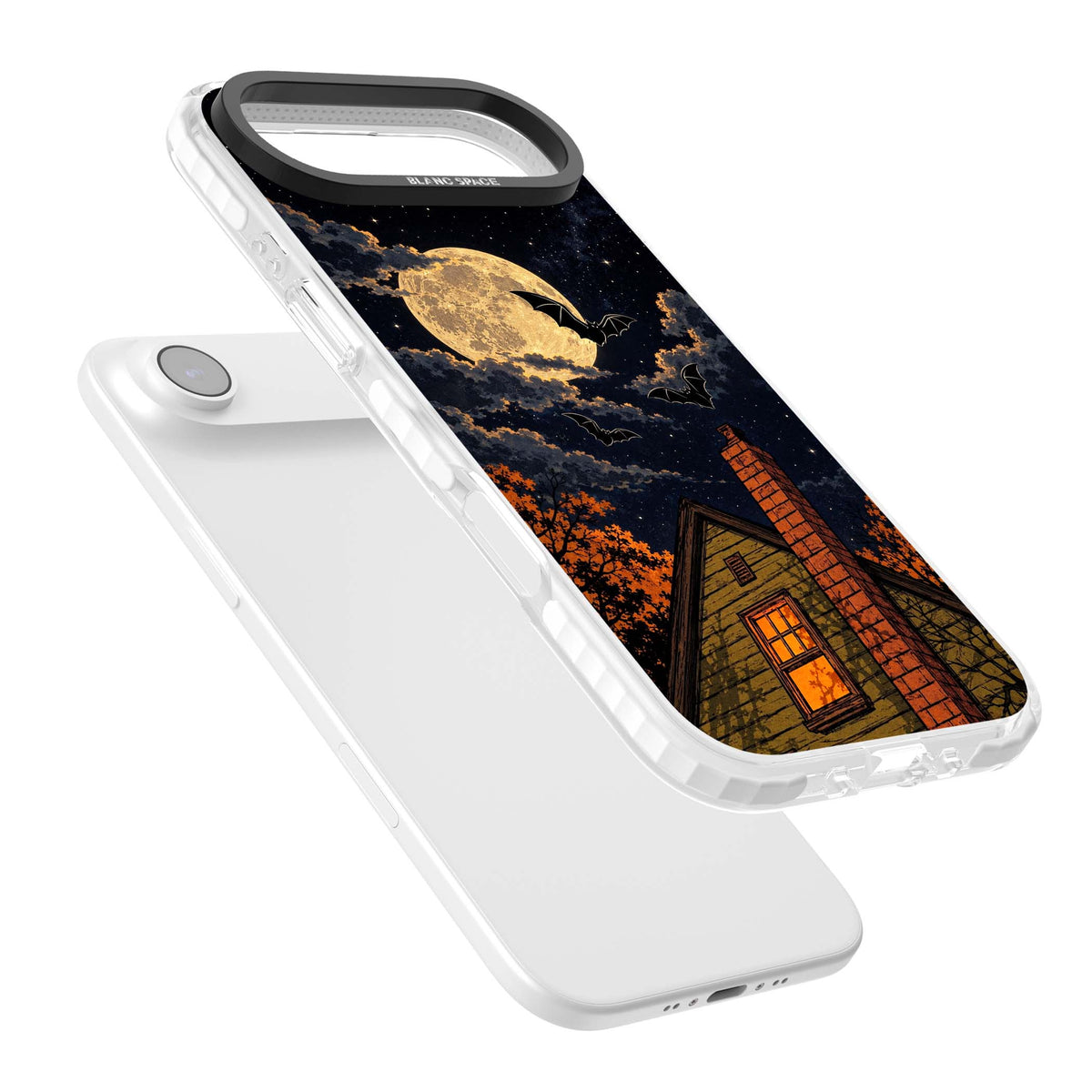Hollows Eve Halloween iPhone case featuring a haunted house, full moon and flying bats against a starry autumn sky | Black Impact case for iPhone Air