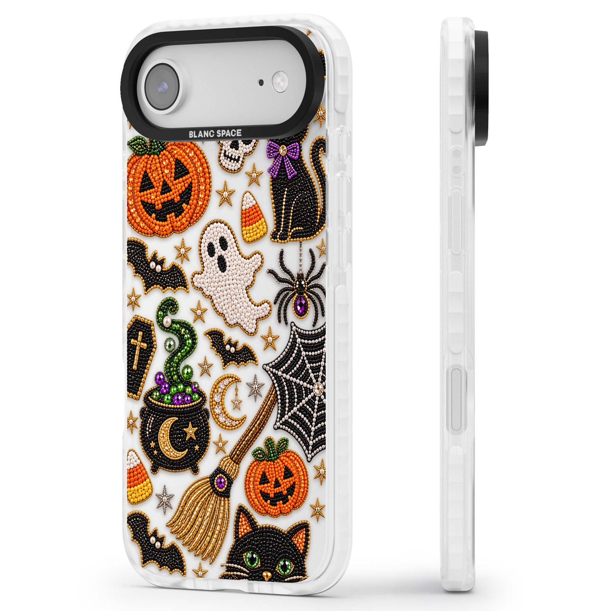 Beaded Halloween Halloween iPhone case featuring beaded pumpkins, ghosts, black cats and bats | Black Impact case for iPhone Air