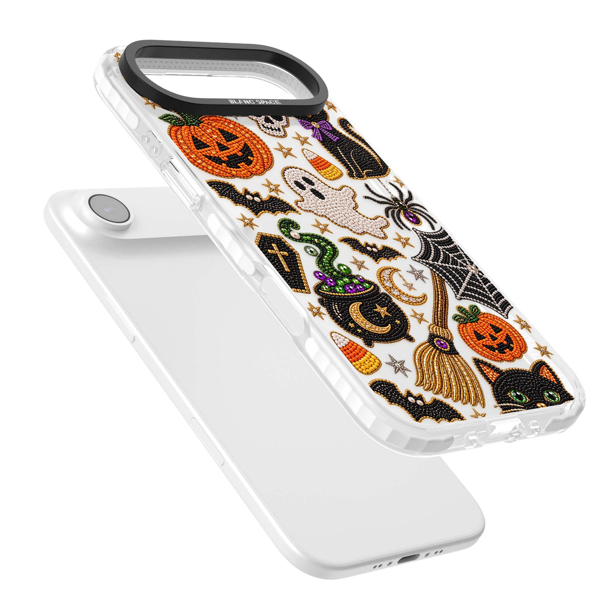 Beaded Halloween Halloween iPhone case featuring beaded pumpkins, ghosts, black cats and bats | Black Impact case for iPhone Air