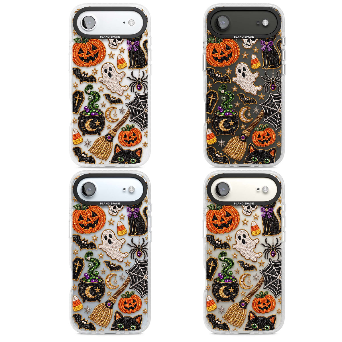 Beaded Halloween Halloween iPhone case featuring beaded pumpkins, ghosts, black cats and bats | Black Impact case for iPhone Air