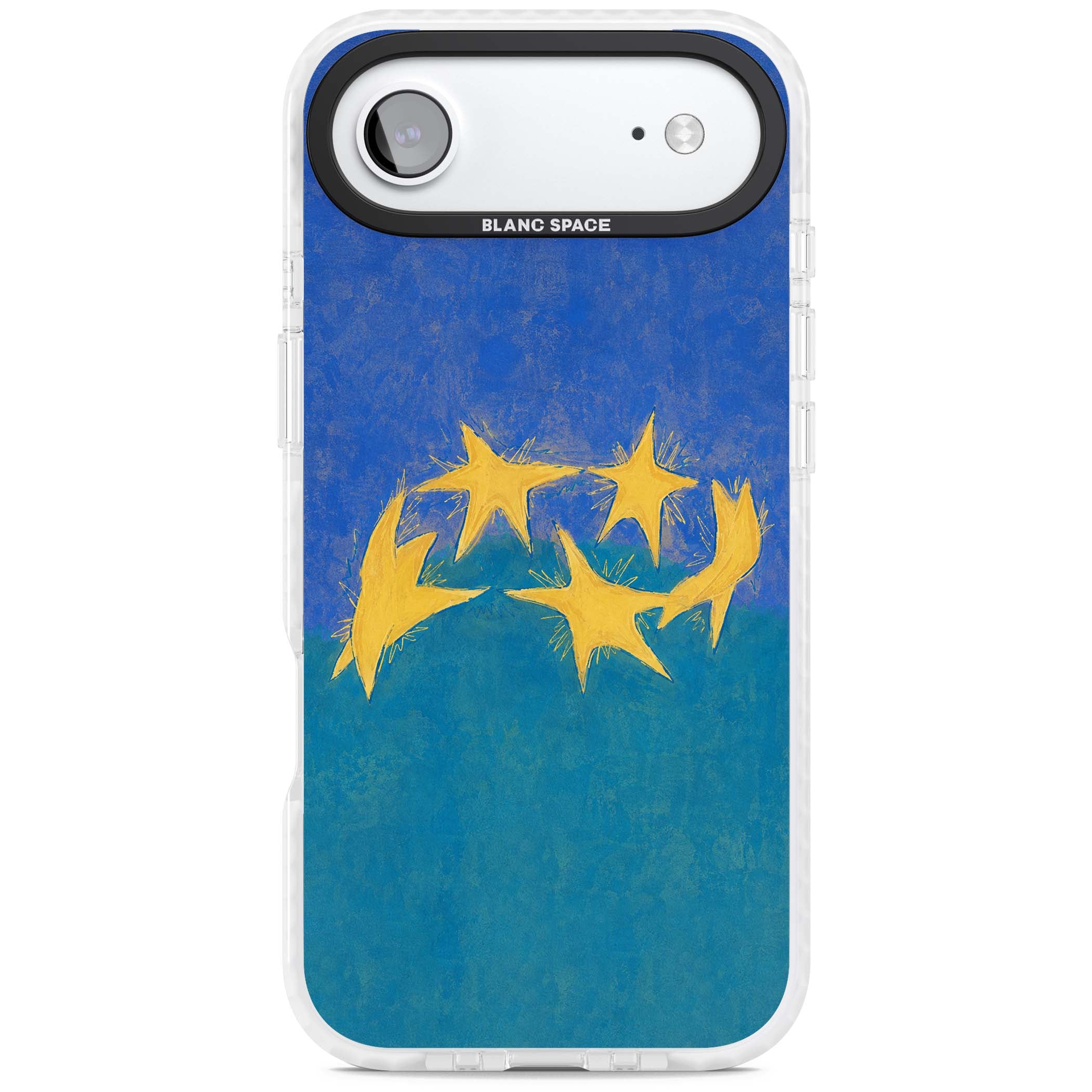 Star Boogie stars aesthetic iPhone case featuring five yellow hand-painted stars on cobalt blue and teal | Black Impact case for iPhone Air