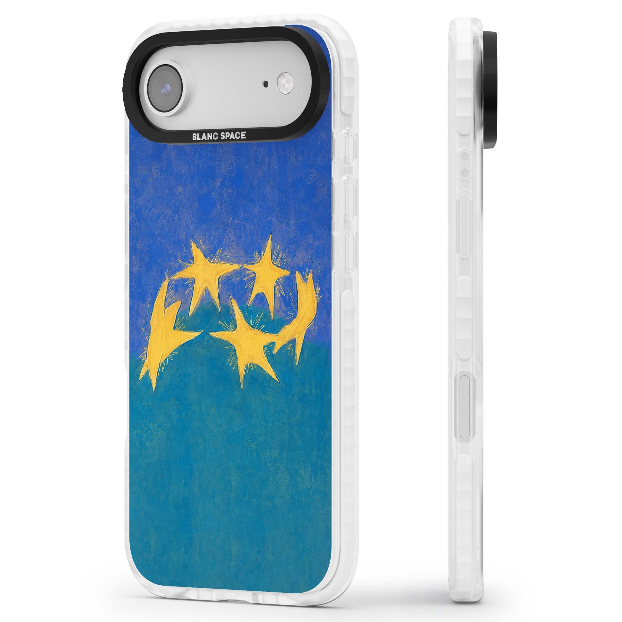 Star Boogie stars aesthetic iPhone case featuring five yellow hand-painted stars on cobalt blue and teal | Black Impact case for iPhone Air