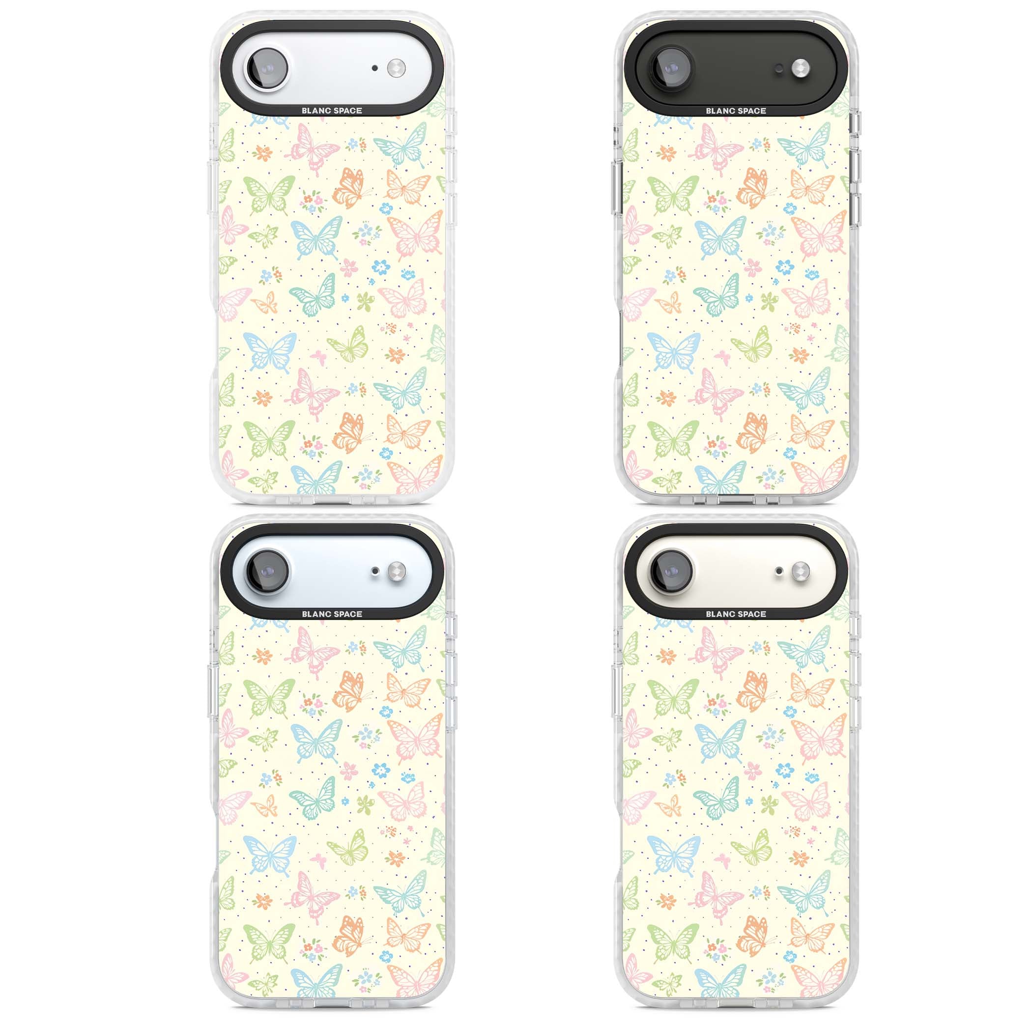Sugar Wings cottagecore iPhone case featuring rainbow pastel butterflies, tiny wildflowers, and a cream background | Black Impact case for iPhone Air