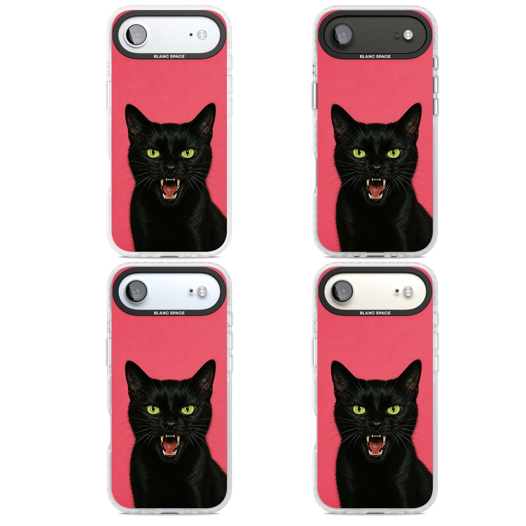 Hissin' Baddie black cat iPhone case featuring a hissing feline with green eyes on a hot pink background | Black Impact case for iPhone Air