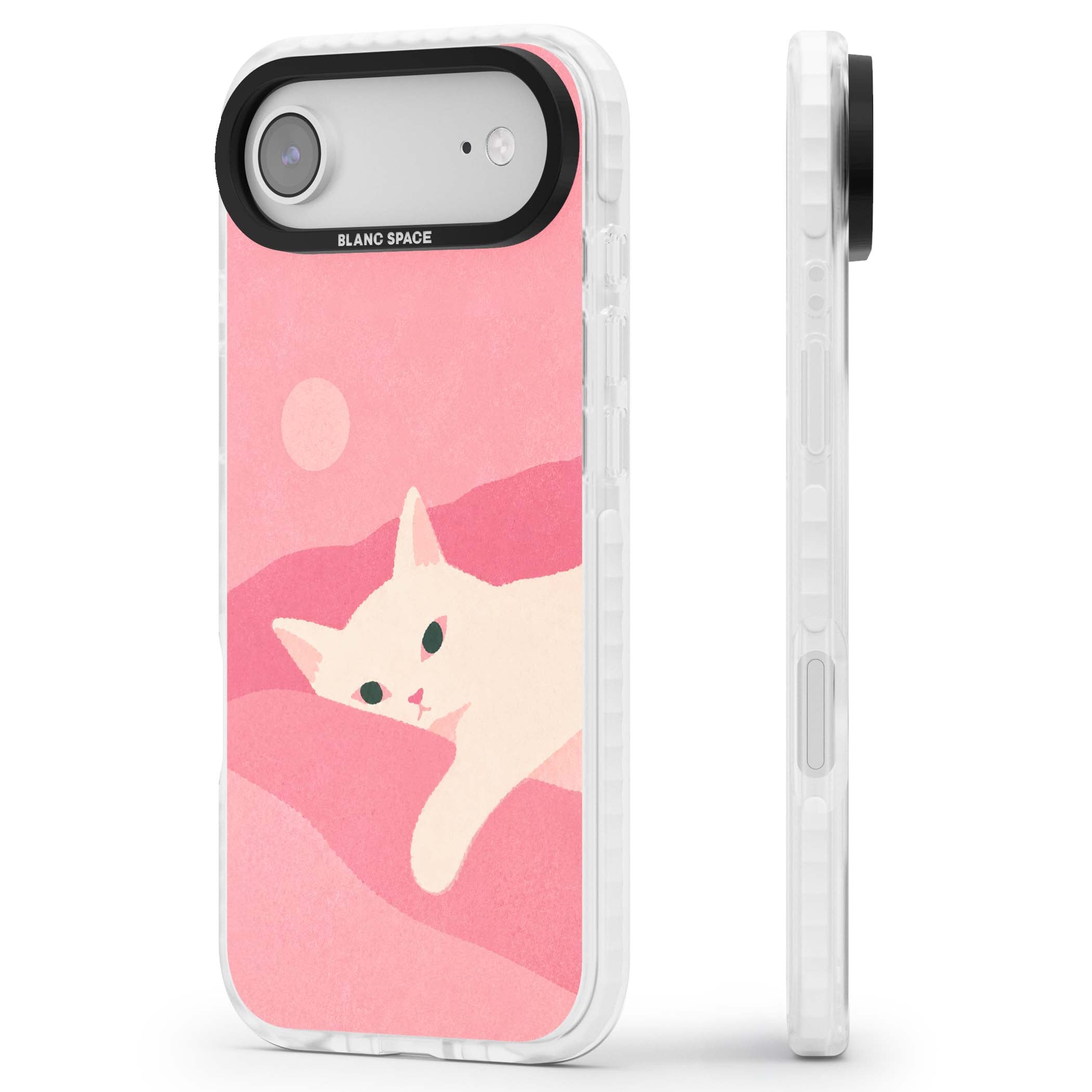 Pink Dreams cute cat iPhone case featuring a white kitten, soft pink hills and a pale pastel sun | Black Impact case for iPhone Air
