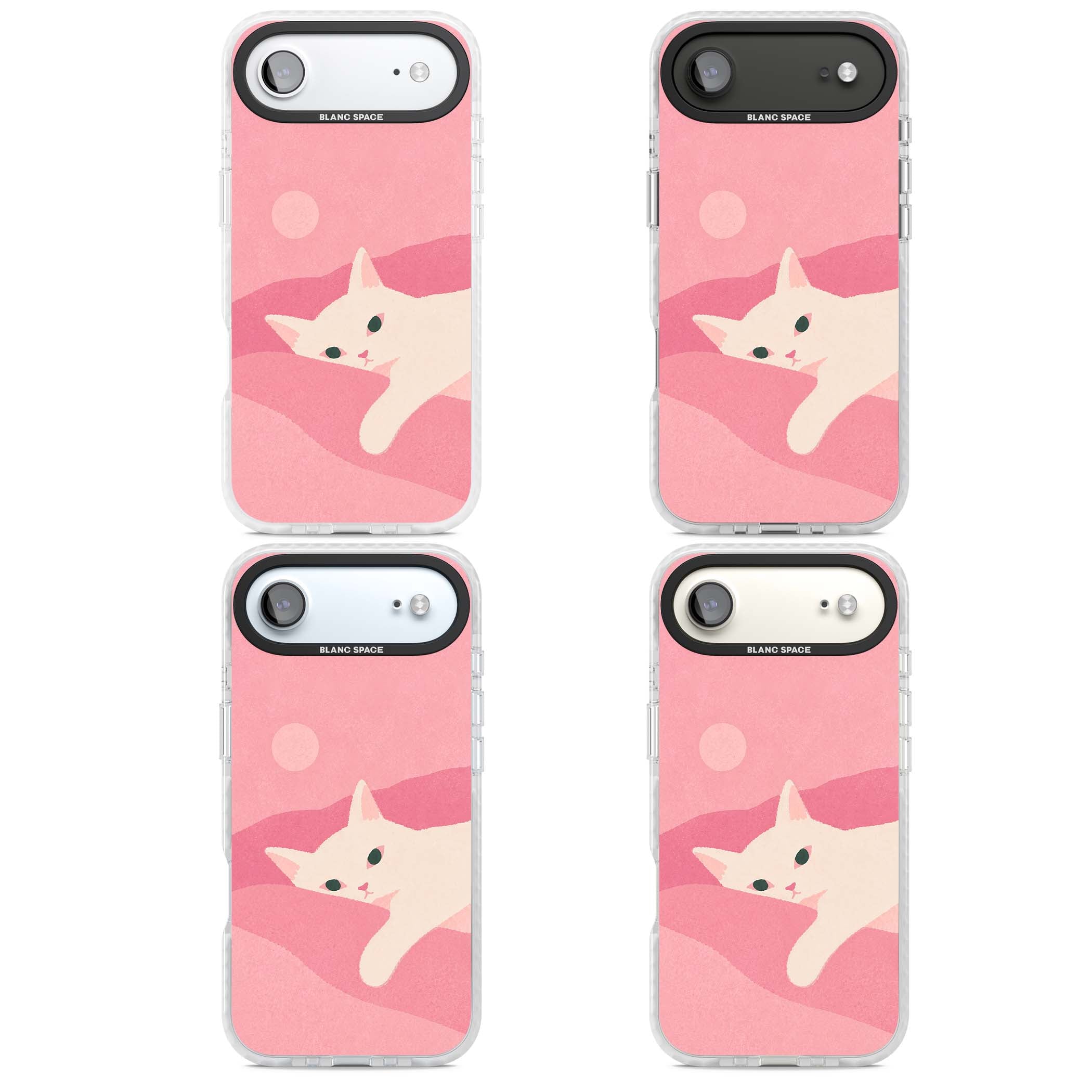 Pink Dreams cute cat iPhone case featuring a white kitten, soft pink hills and a pale pastel sun | Black Impact case for iPhone Air