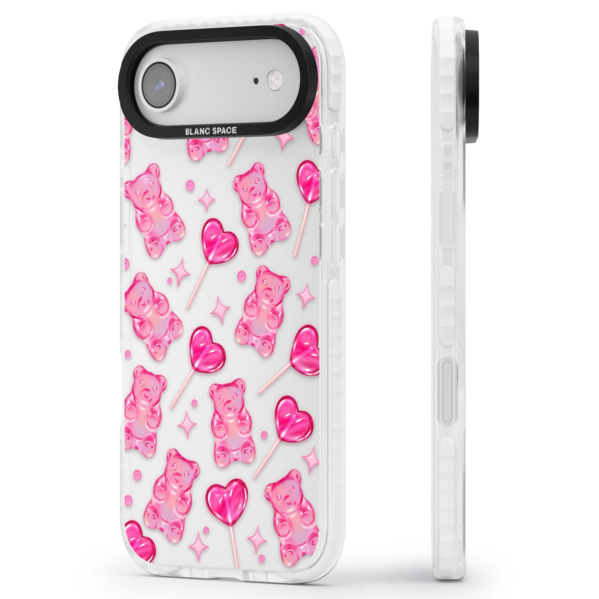 Pink Sugar pinkcore iPhone case featuring pink gummy bears, heart-shaped lollipops and sparkle stars | Black Impact case for iPhone Air