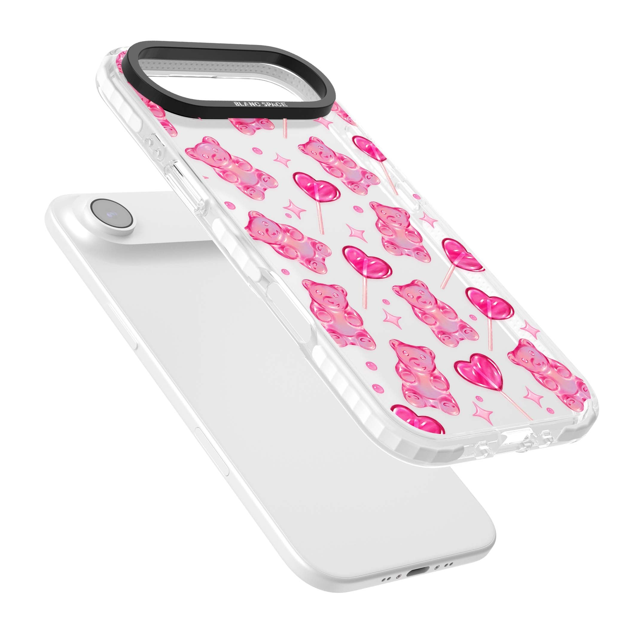 Pink Sugar pinkcore iPhone case featuring pink gummy bears, heart-shaped lollipops and sparkle stars | Black Impact case for iPhone Air