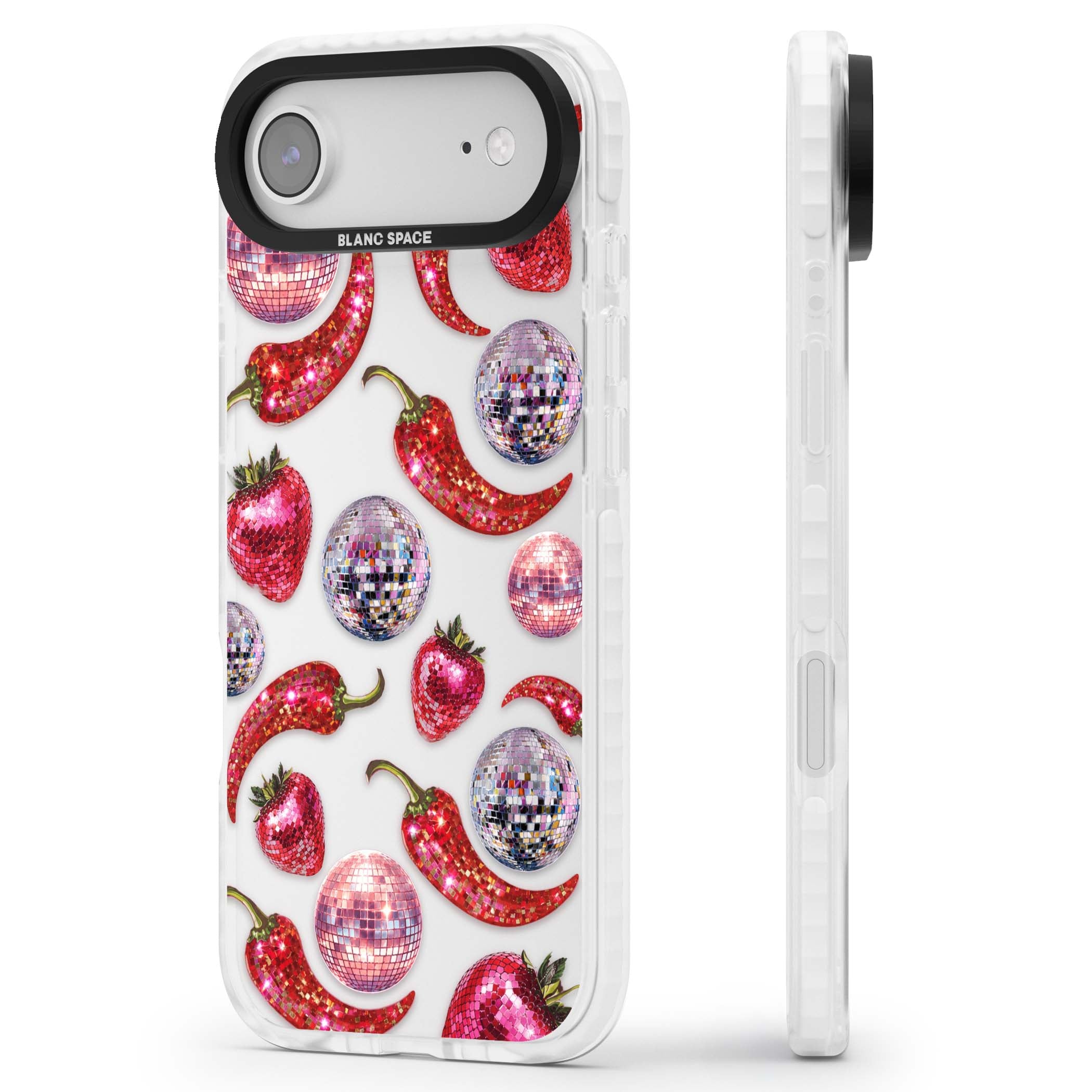 Spicy Disco Y2K iPhone case featuring glitter disco balls, sparkly strawberries and red chilli peppers | Black Impact case for iPhone Air