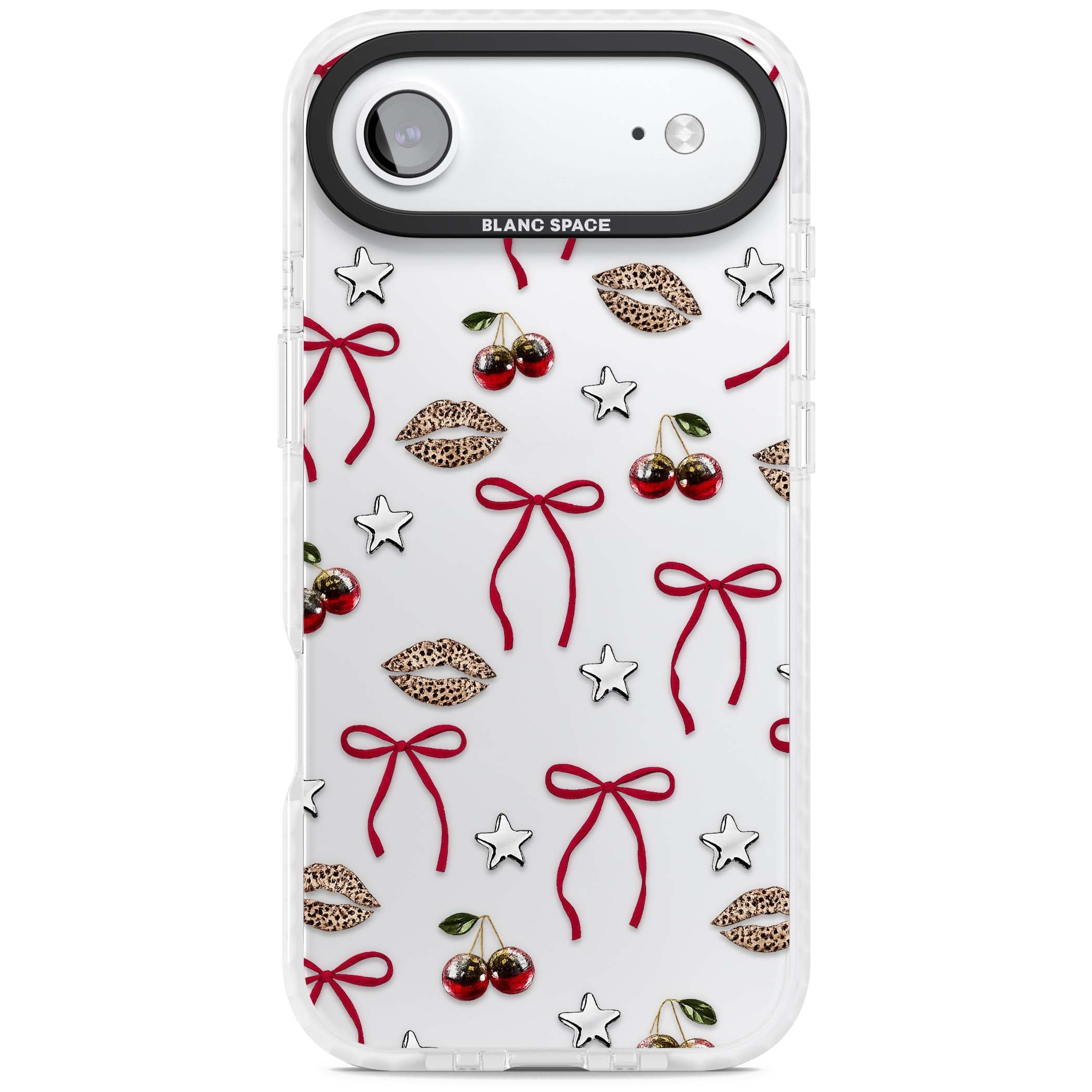 Starlet coquette iPhone case featuring red ribbon bows, disco cherries and leopard-print lips | Black Impact case for iPhone Air