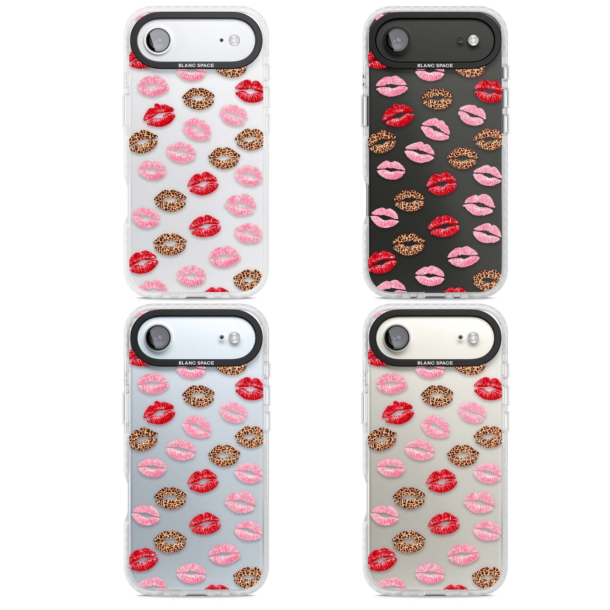 Wild Kisses coquette iPhone case featuring red, pink and leopard print lipstick kiss marks on a clear background | Black Impact case for iPhone Air