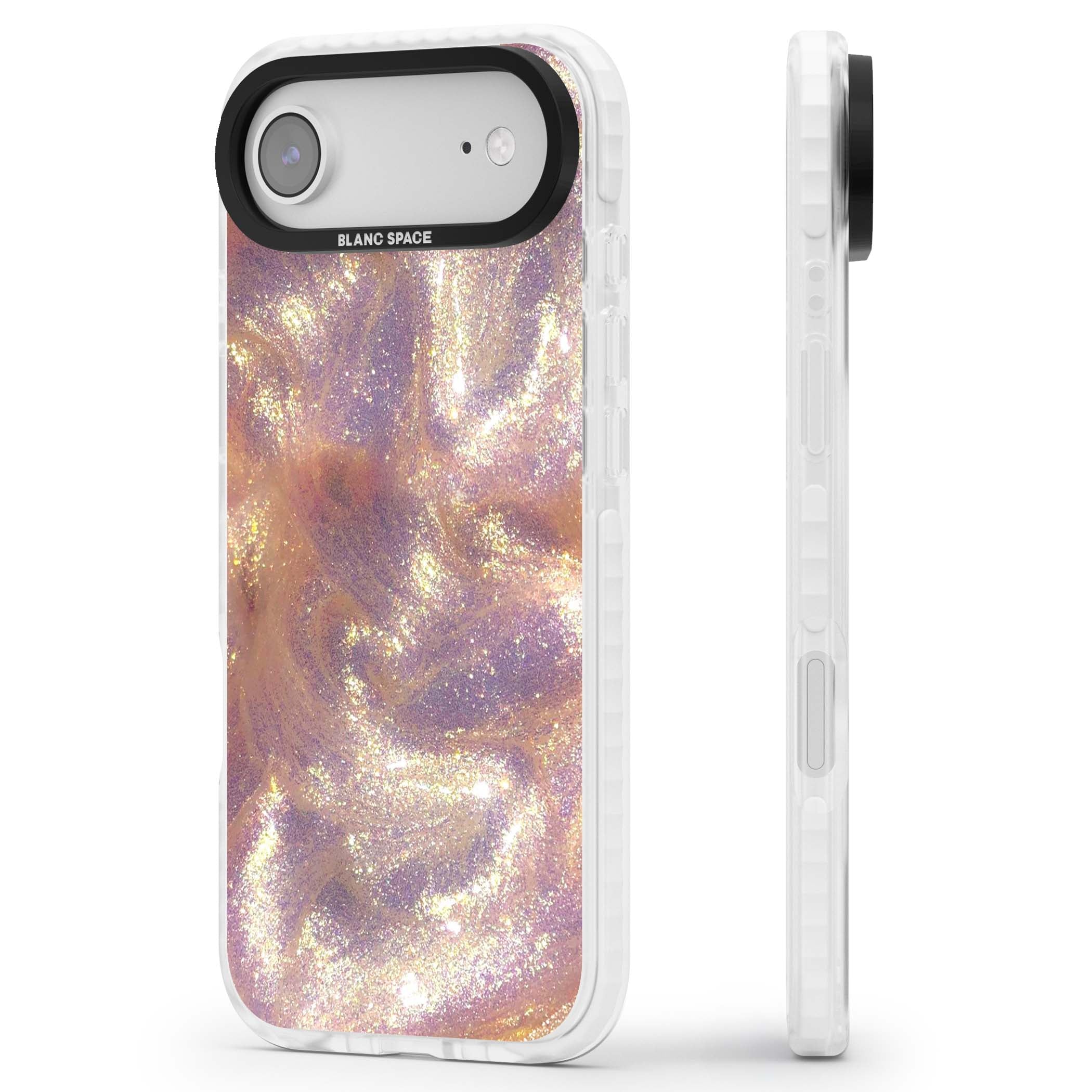 Shimmer marble iPhone case featuring rose gold glitter swirls, lilac shimmer and iridescent pearl finish | Black Impact case for iPhone Air