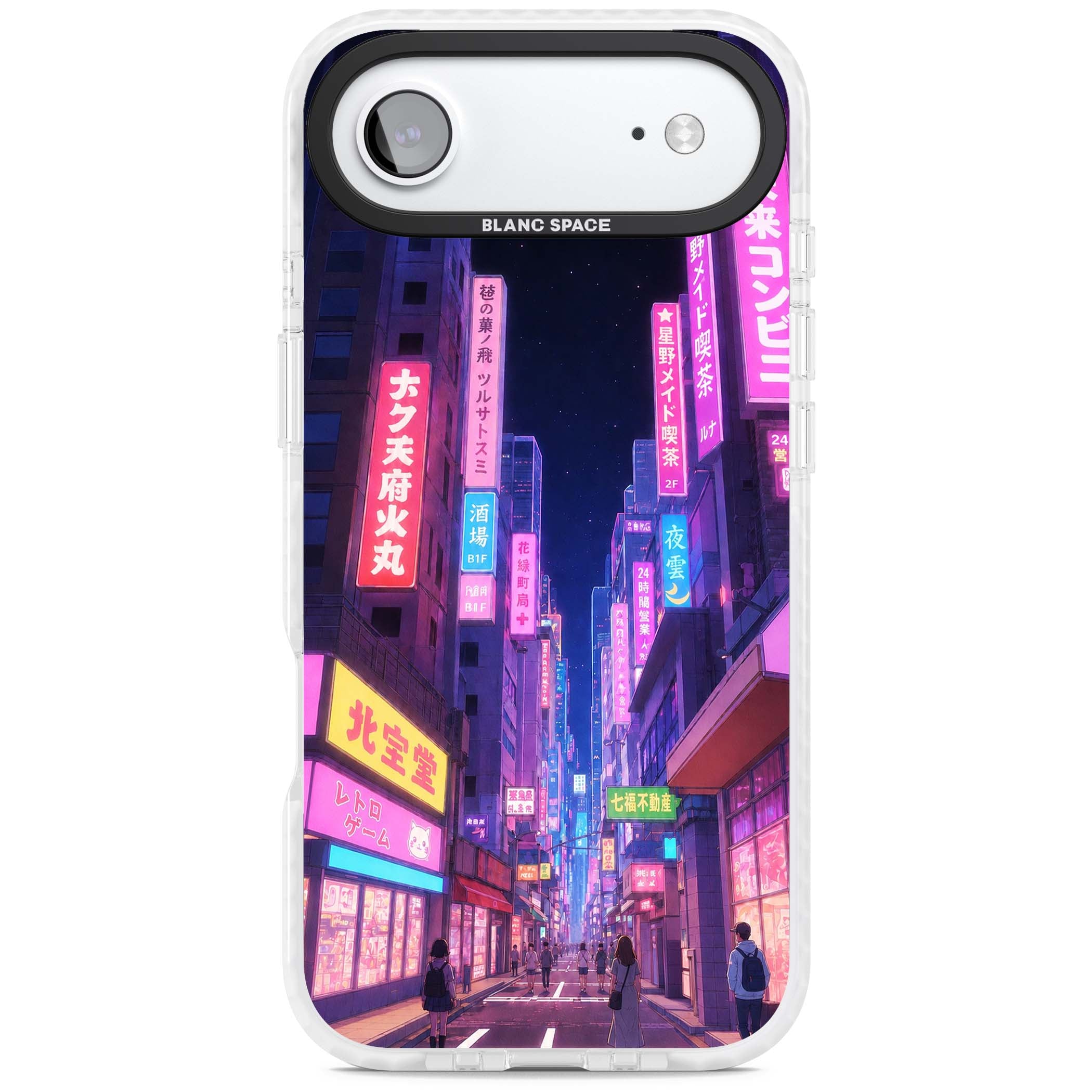 Shibuya At Night Japanese neon city iPhone case featuring glowing kanji signs, pink storefronts and a Tokyo street at n | Black Impact case for iPhone Air