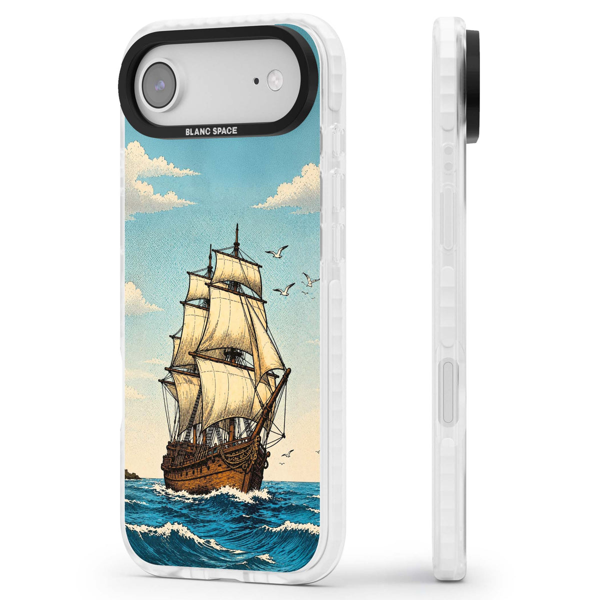 Ship at Sea nautical iPhone case featuring a vintage tall ship, ocean waves and seagulls | Black Impact case for iPhone Air