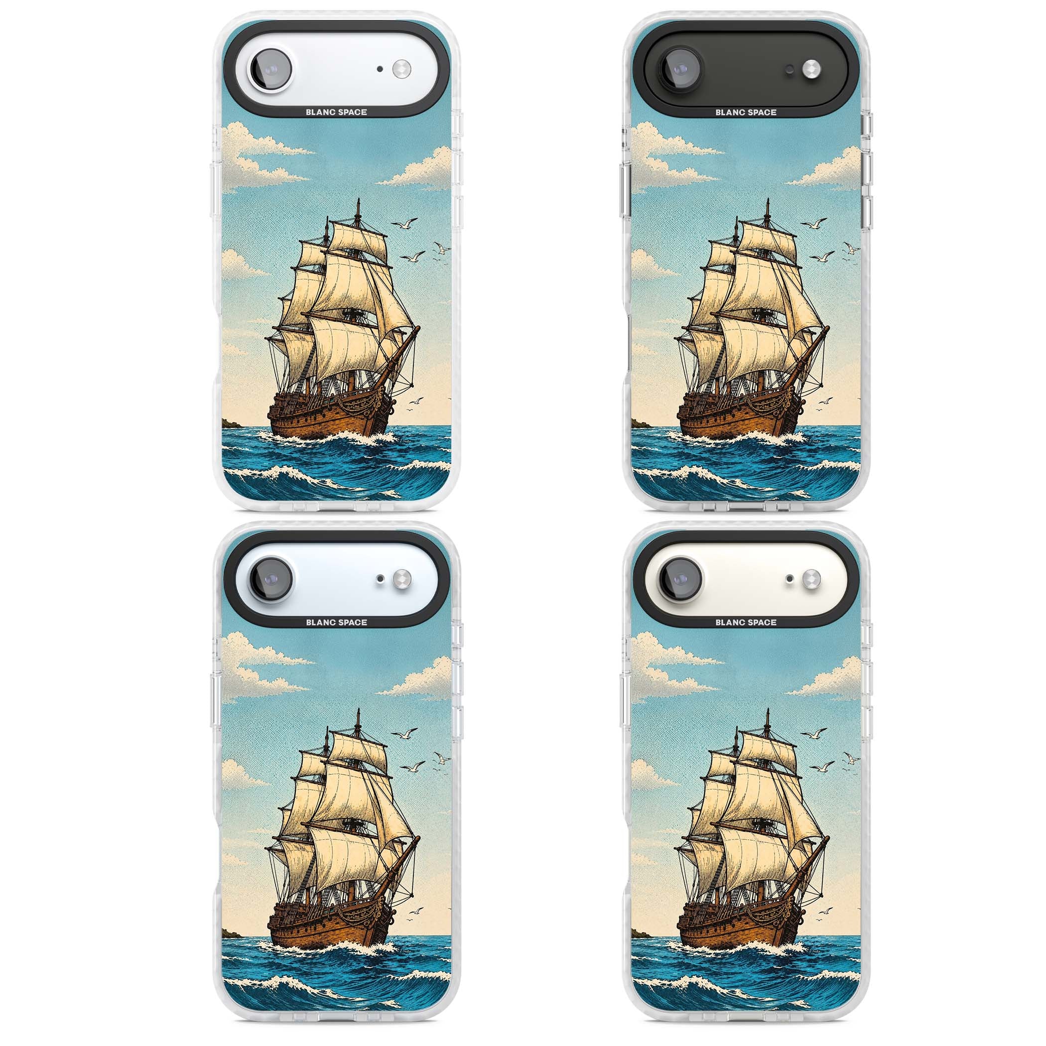 Ship at Sea nautical iPhone case featuring a vintage tall ship, ocean waves and seagulls | Black Impact case for iPhone Air