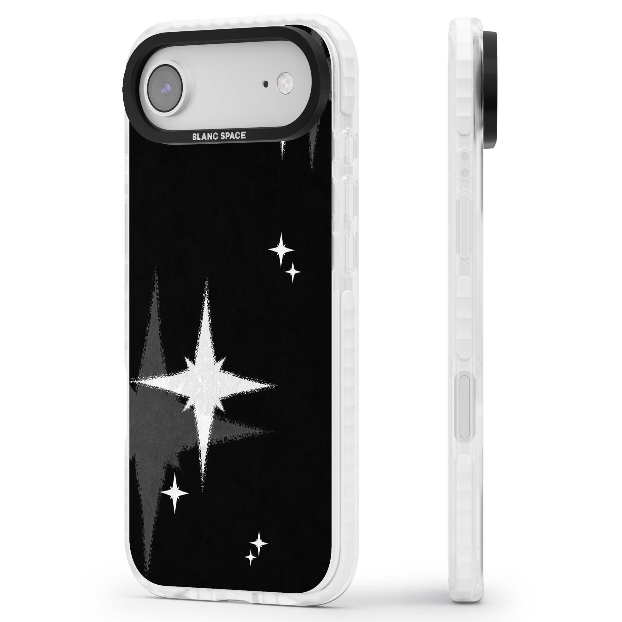 Black Sparkle celestial iPhone case featuring white sparkle stars on a black night sky background | Black Impact case for iPhone Air