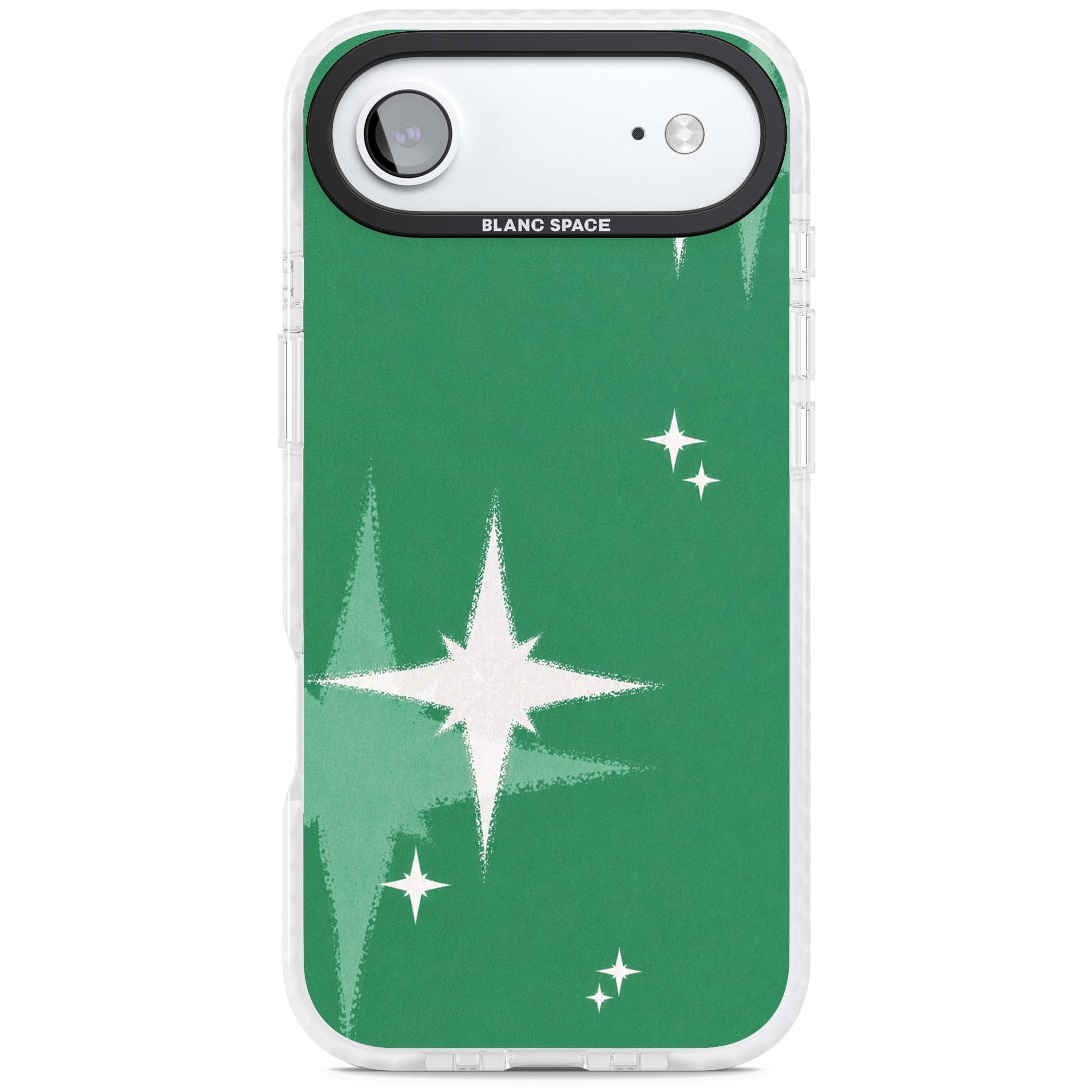 Green Sparkle celestial iPhone case featuring sparkling white four-point stars on a deep green background | Black Impact case for iPhone Air
