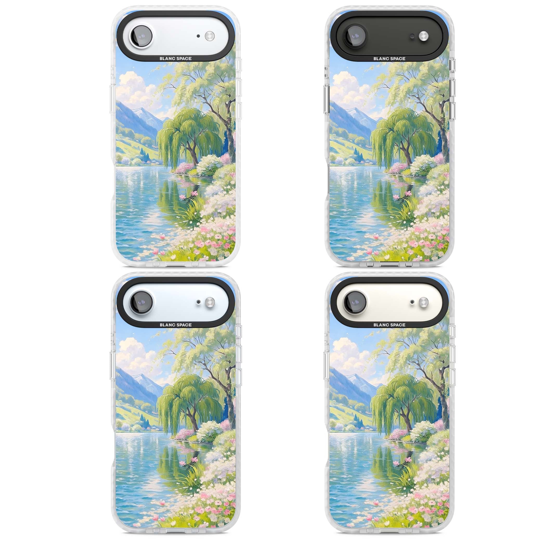 Willow Lake cottagecore iPhone case featuring a painted lakeside with weeping willow, blossoms and distant mountains | Black Impact case for iPhone Air