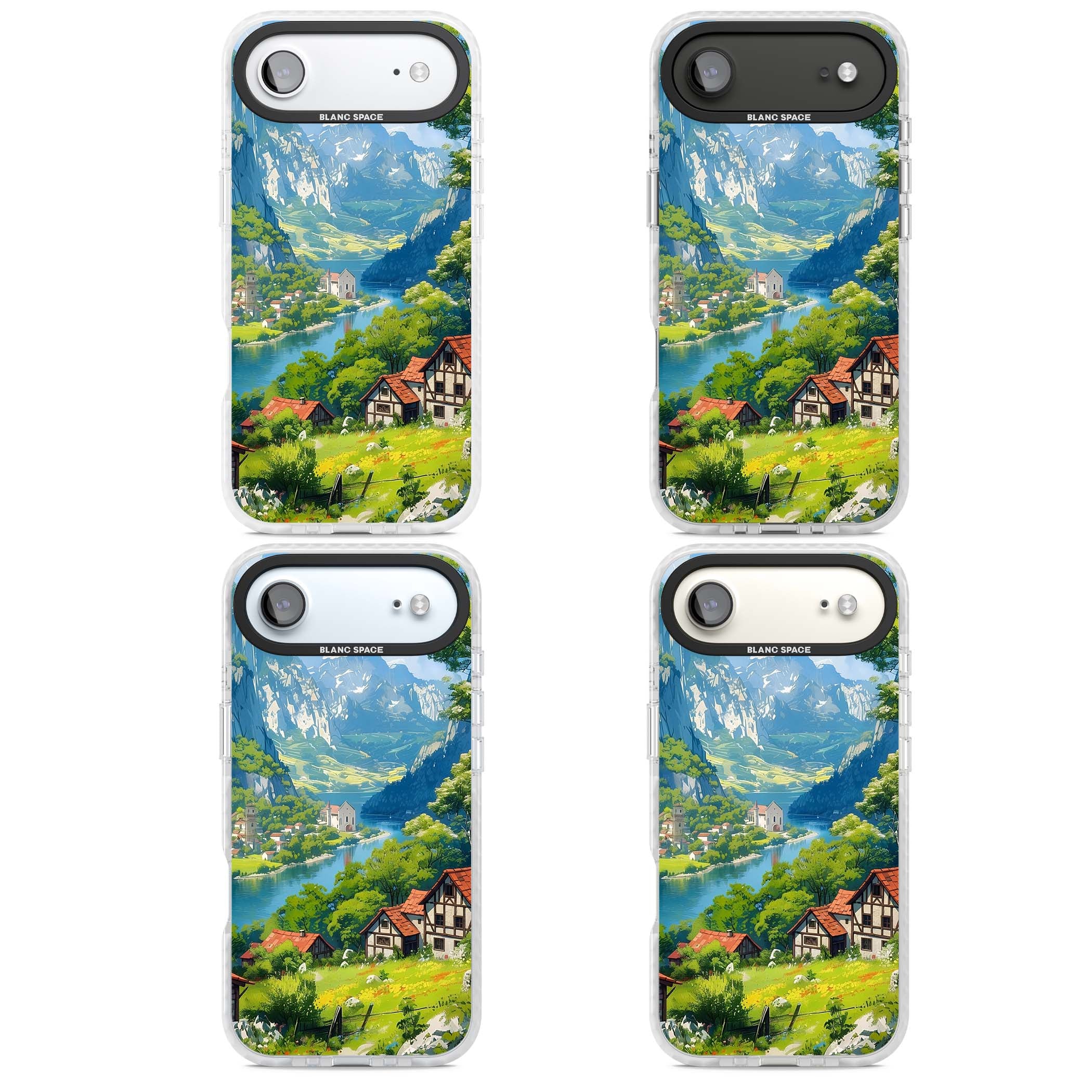 Village In The Valley anime iPhone case featuring a painted mountain village, river valley and half-timbered cottages. | Black Impact case for iPhone Air