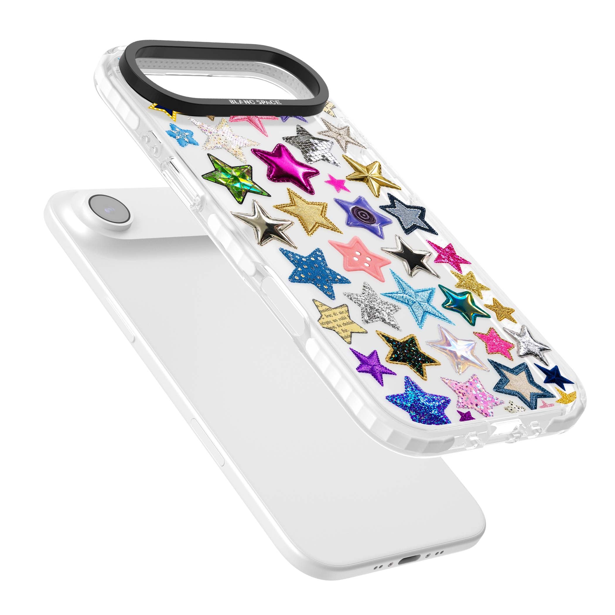Crafty Star Mix Y2K iPhone case featuring embroidered, sequinned and glitter star patches in rainbow colours | Black Impact case for iPhone Air