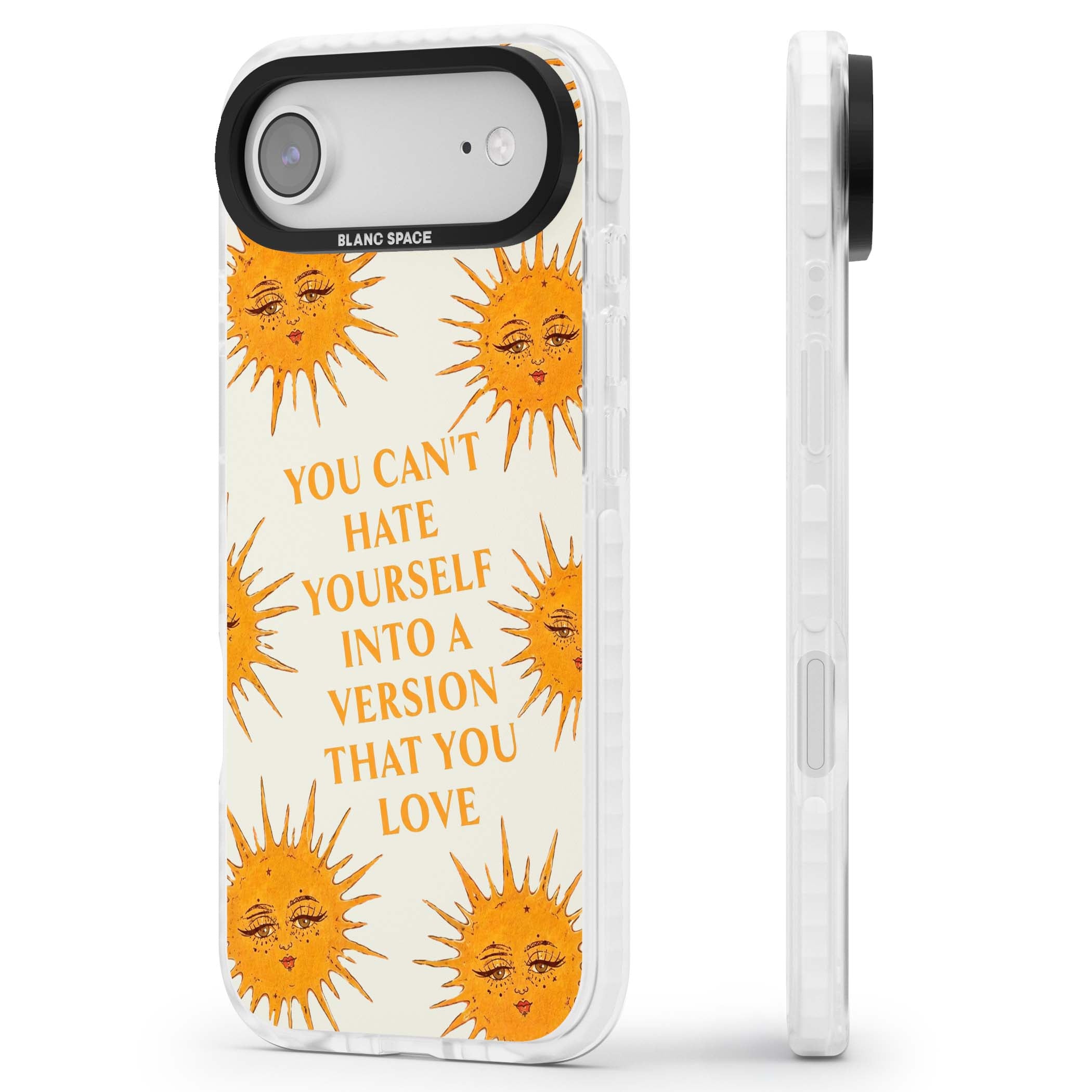 Don't Hate Yourself celestial iPhone case featuring vintage sun faces, ochre rays and a self-love quote | Black Impact case for iPhone Air