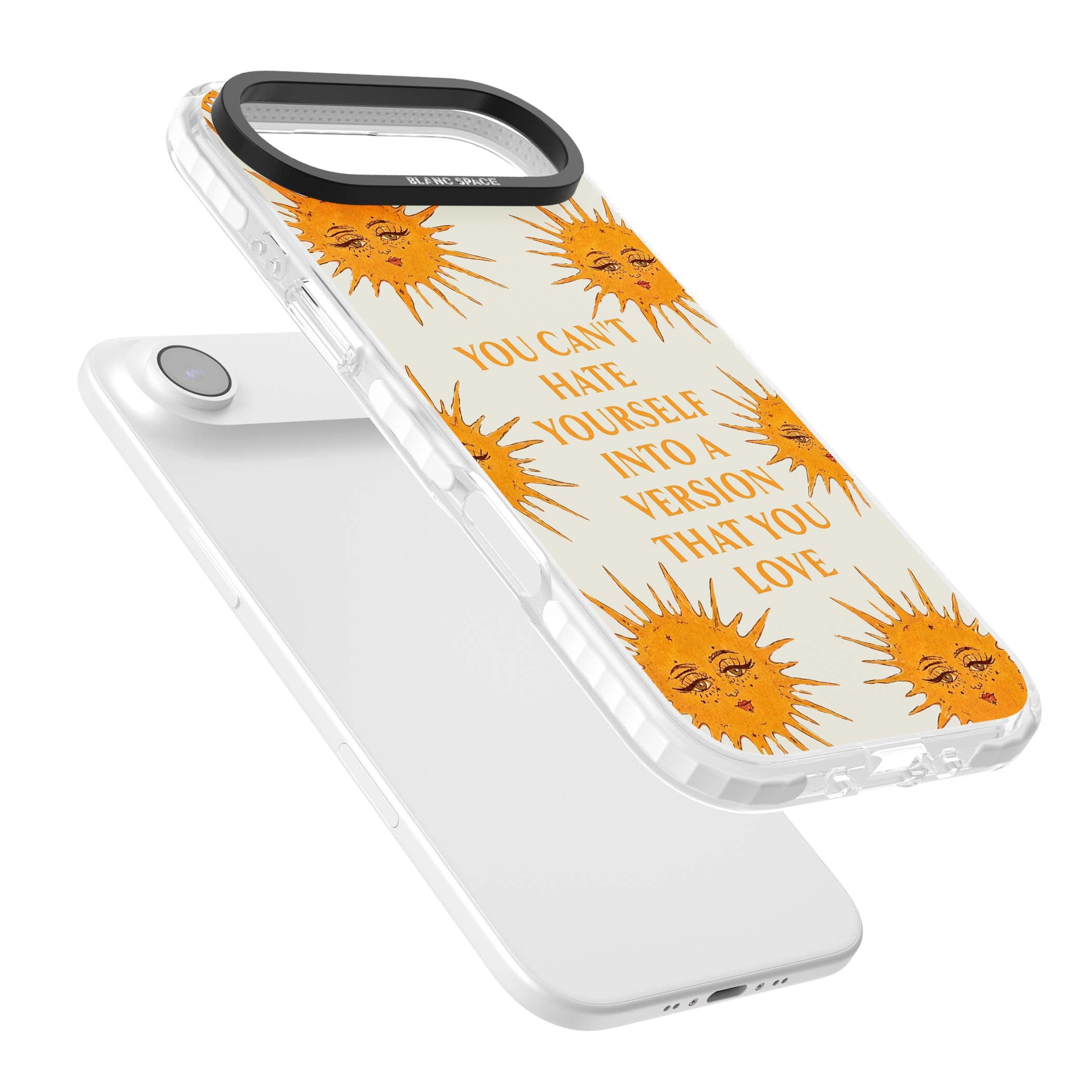 Don't Hate Yourself celestial iPhone case featuring vintage sun faces, ochre rays and a self-love quote | Black Impact case for iPhone Air