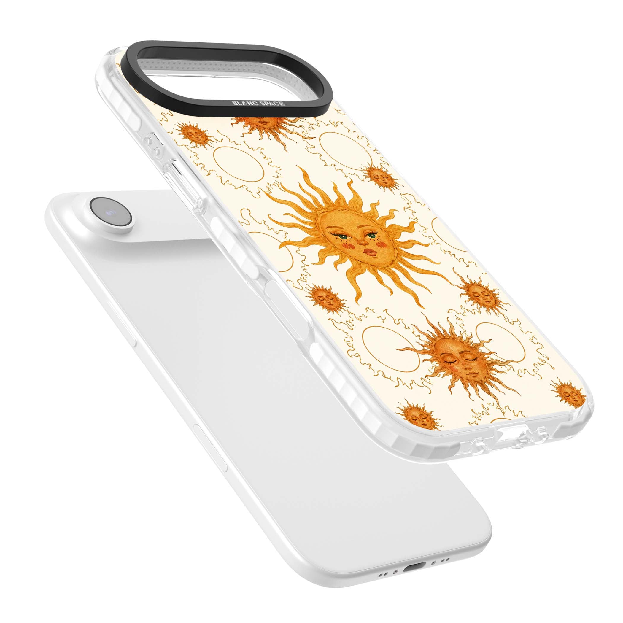Solstice Muse celestial iPhone case featuring hand-painted golden sun faces, closed-eye sun goddesses and outlined moons... | Black Impact case for iPhone Air