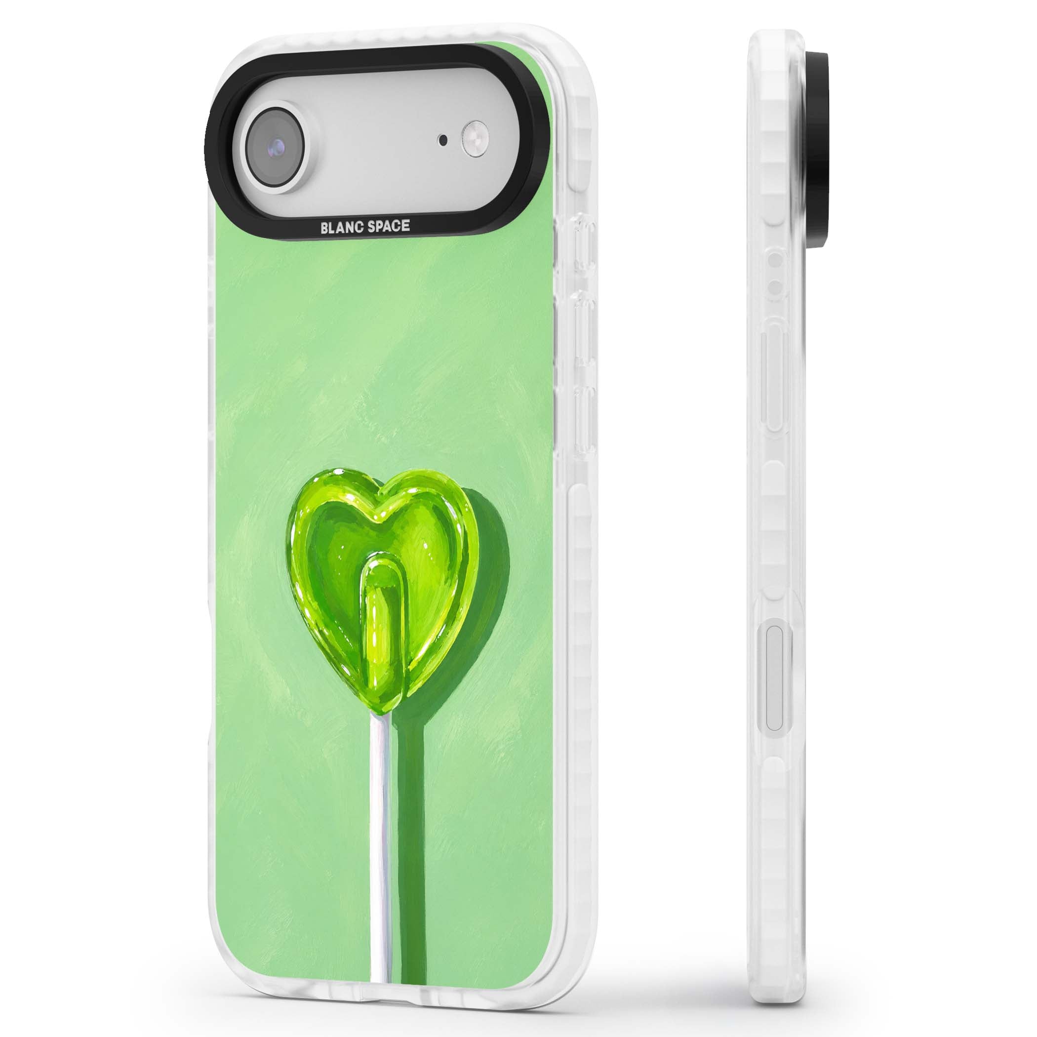 Green Lollipop candy art iPhone case featuring a glossy green heart-shaped lollipop on a painted pastel green background | Black Impact case for iPhone Air