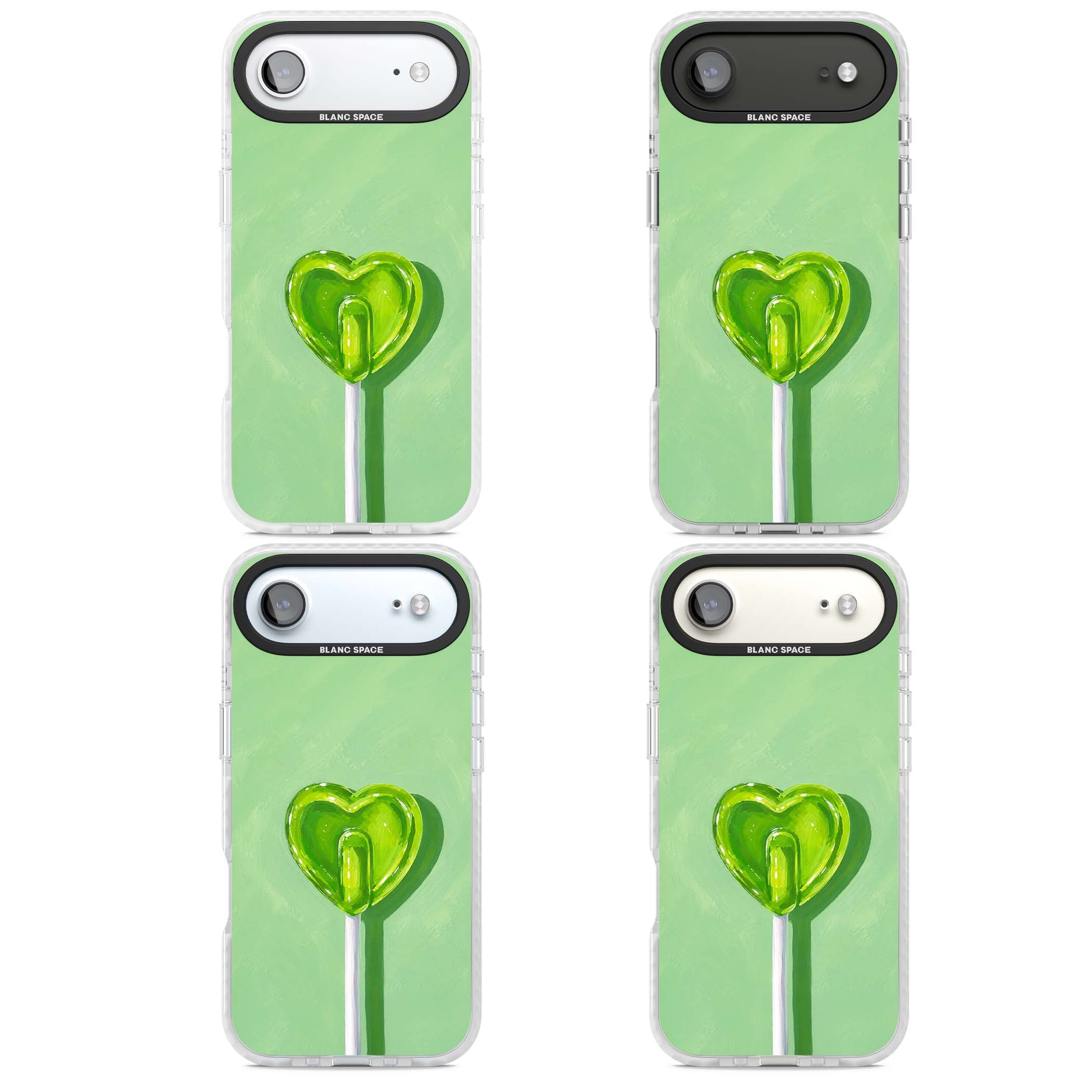 Green Lollipop candy art iPhone case featuring a glossy green heart-shaped lollipop on a painted pastel green background | Black Impact case for iPhone Air