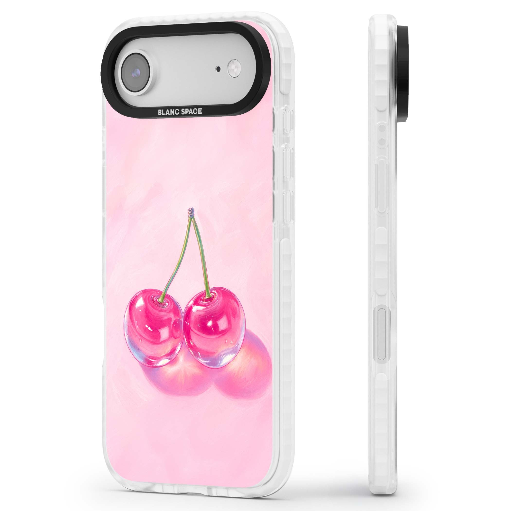 Pink Glass Cherry coquette iPhone case featuring two glossy painted cherries on a soft pink background | Black Impact case for iPhone Air