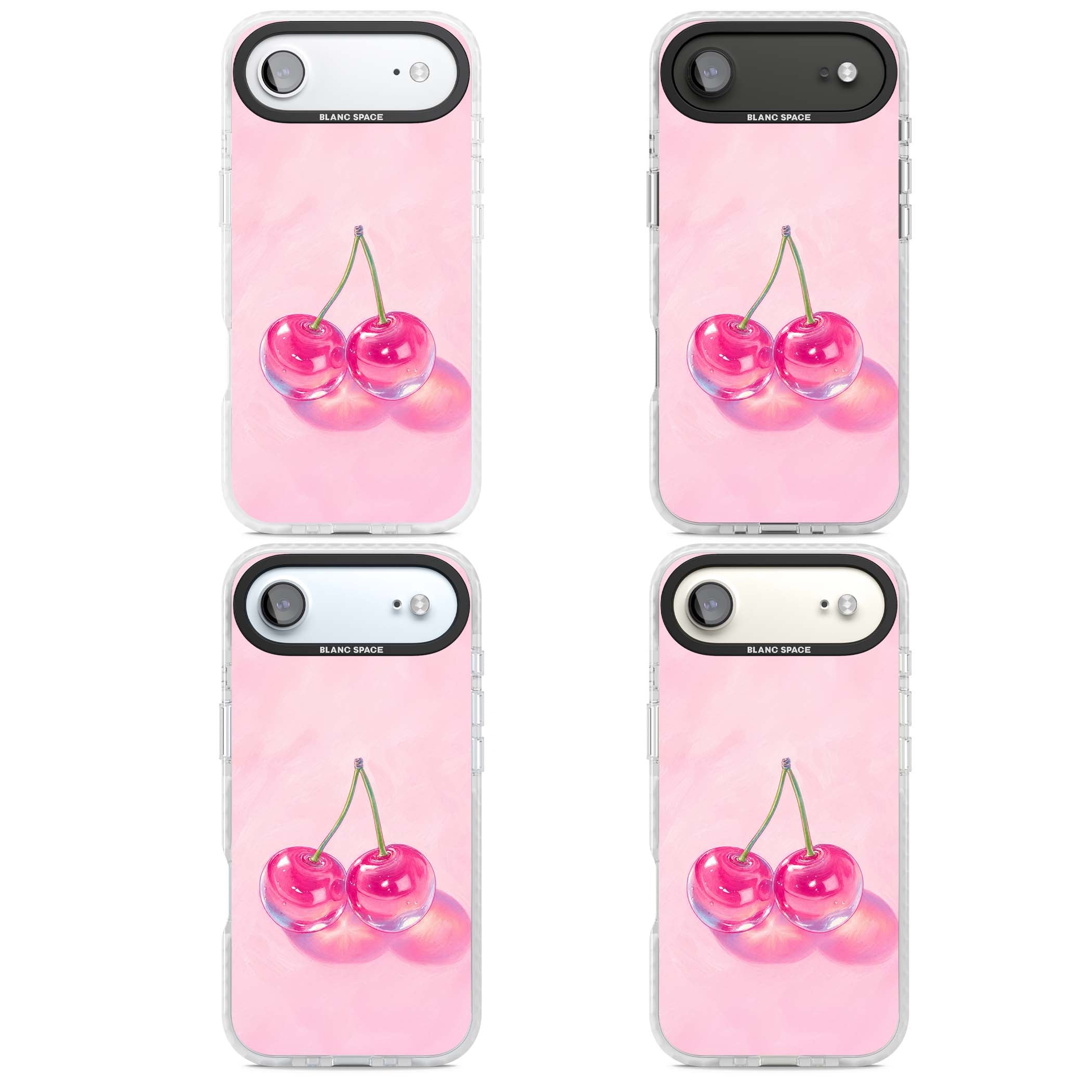 Pink Glass Cherry coquette iPhone case featuring two glossy painted cherries on a soft pink background | Black Impact case for iPhone Air