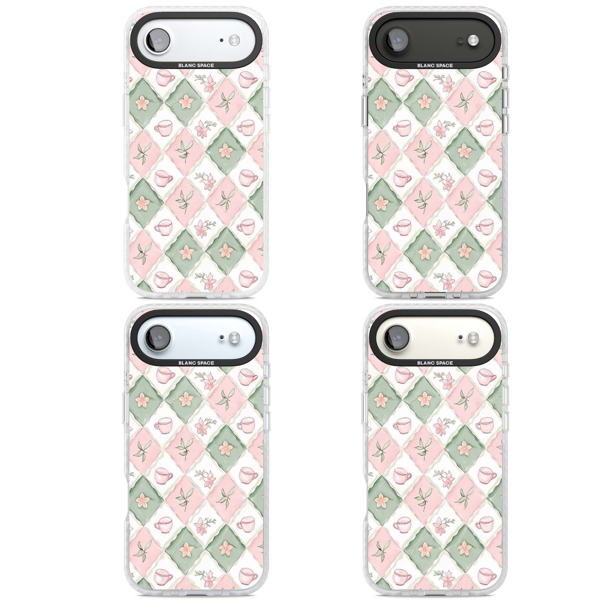 Garden Tea Party coquette iPhone case with pink and green checkered pattern, watercolour teacups and wildflowers | Black Impact case for iPhone Air