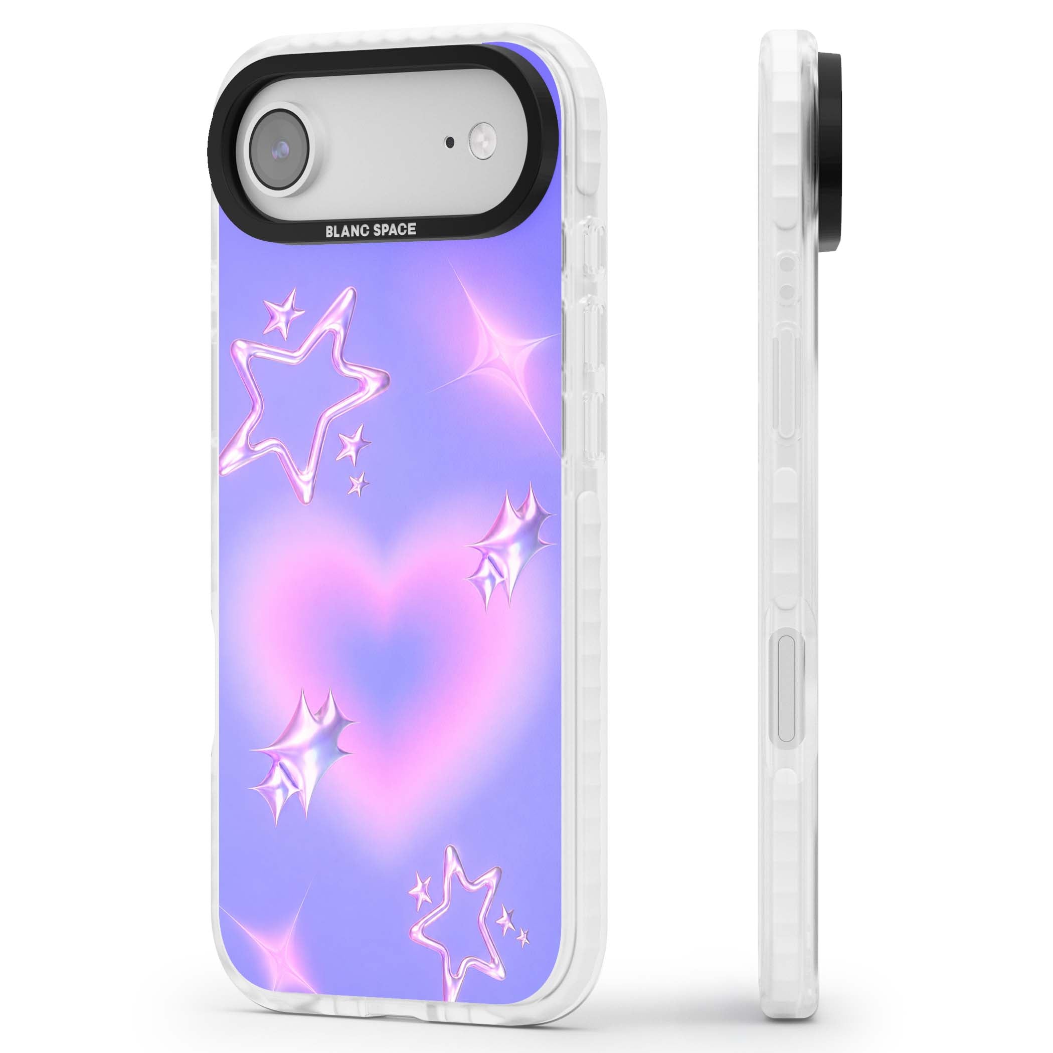 Soft Sugar Y2K iPhone case featuring iridescent chrome hearts, metallic pink stars and a lavender gradient sky | Black Impact case for iPhone Air