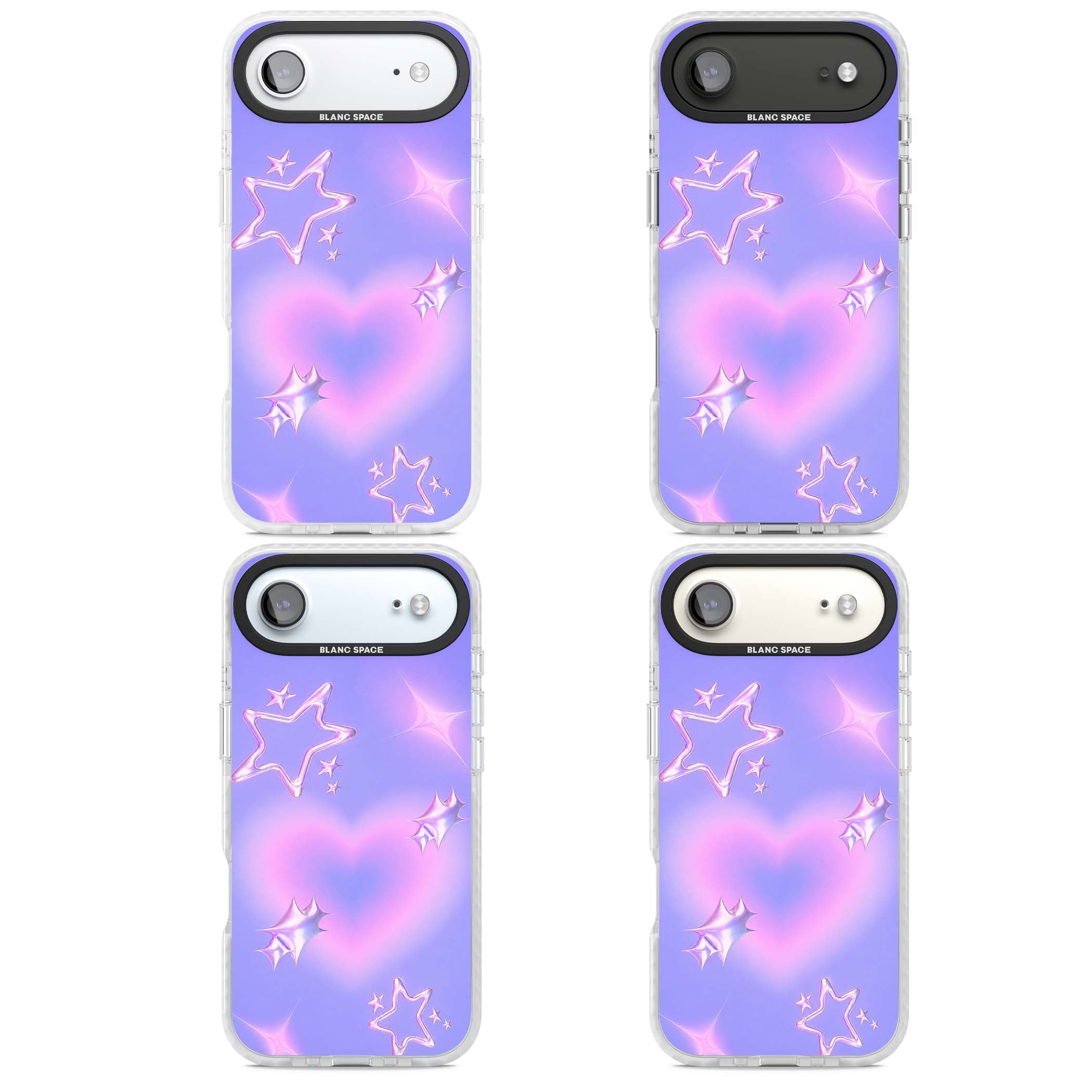 Soft Sugar Y2K iPhone case featuring iridescent chrome hearts, metallic pink stars and a lavender gradient sky | Black Impact case for iPhone Air