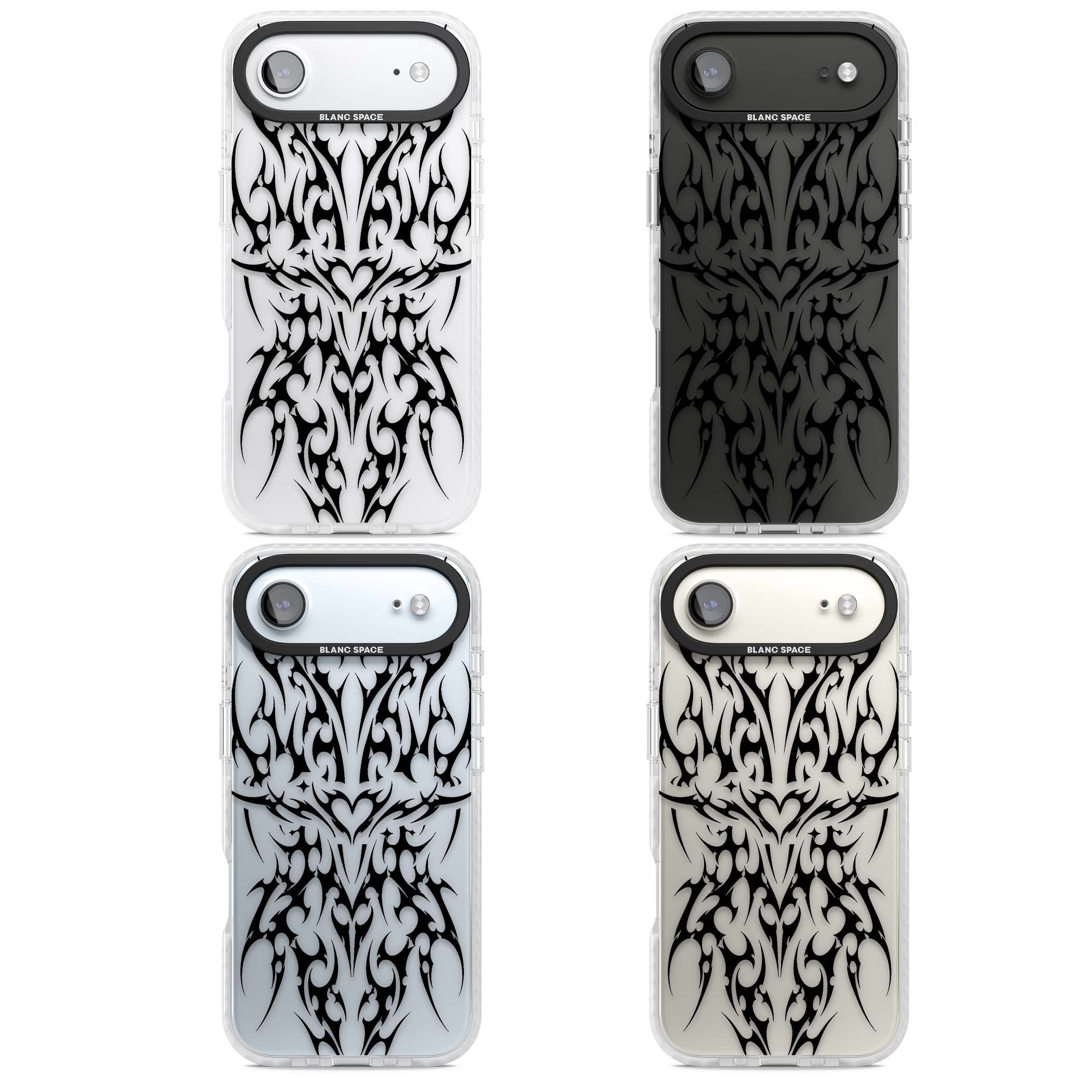 Neo Tribal Heart gothic iPhone case featuring symmetrical black tribal tattoo art with sharp thorn-like linework | Black Impact case for iPhone Air