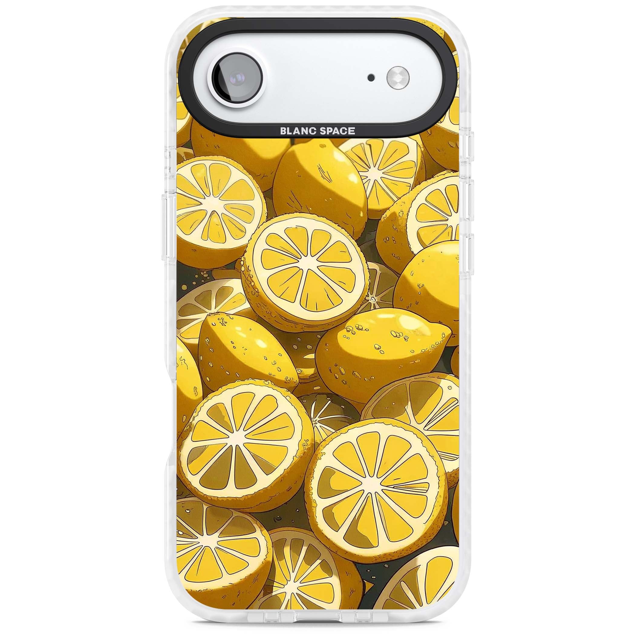 Zesty coastal iPhone case featuring illustrated Mediterranean lemons and citrus slices in golden yellow | Black Impact case for iPhone Air