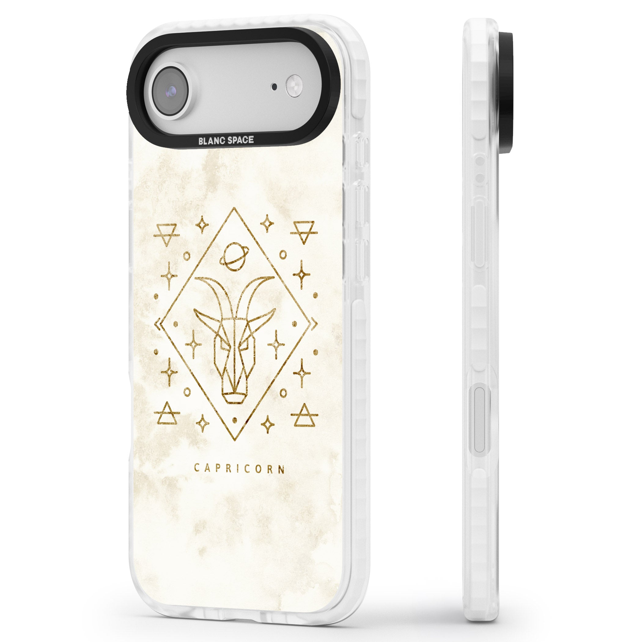 Capricorn Gold Zodiac Design iPhone 17 Air Impact Clear Phone Case Side Profile