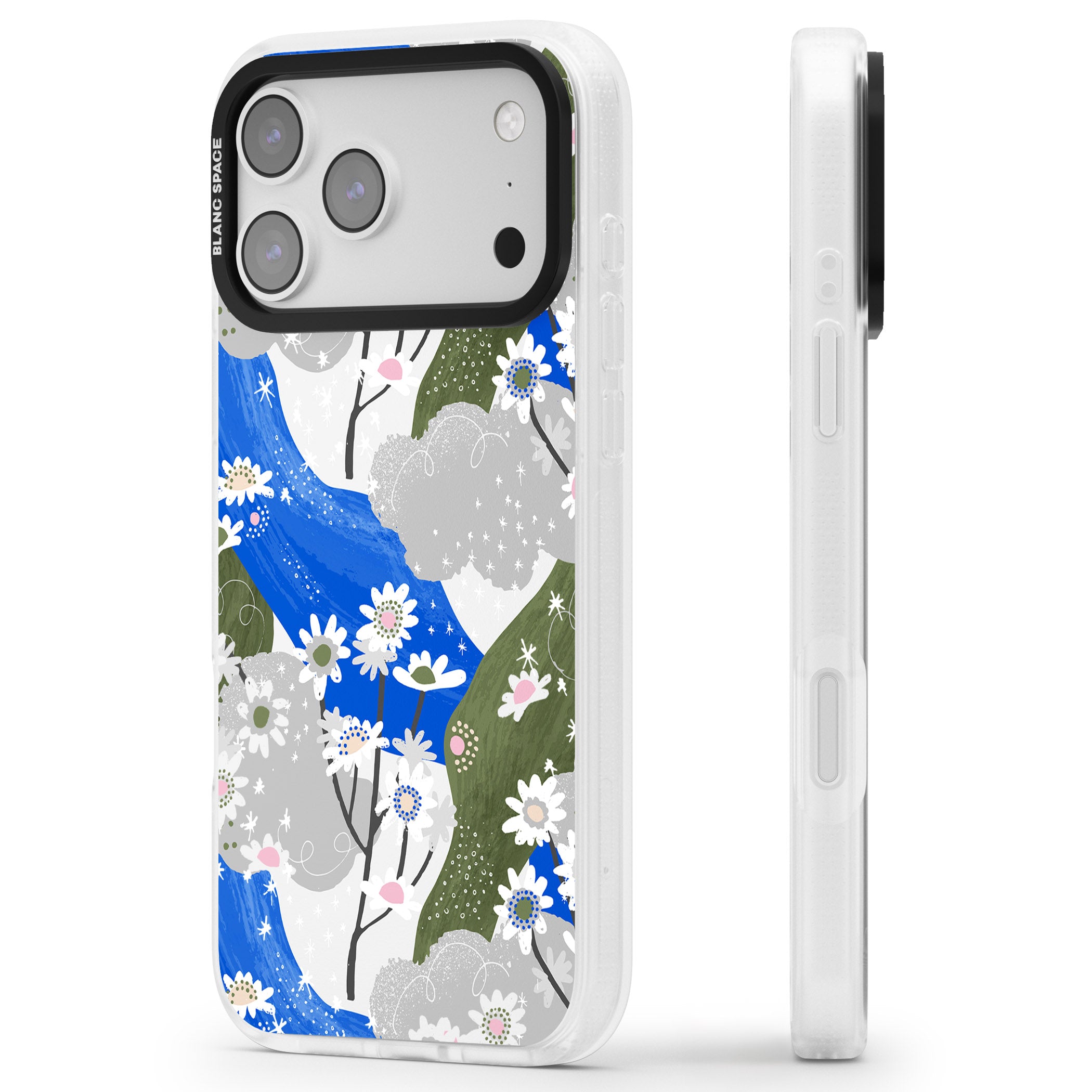 Blue & Grey Daisies Pattern iPhone 17 Pro Impact Air Clear Phone Case Side Profile