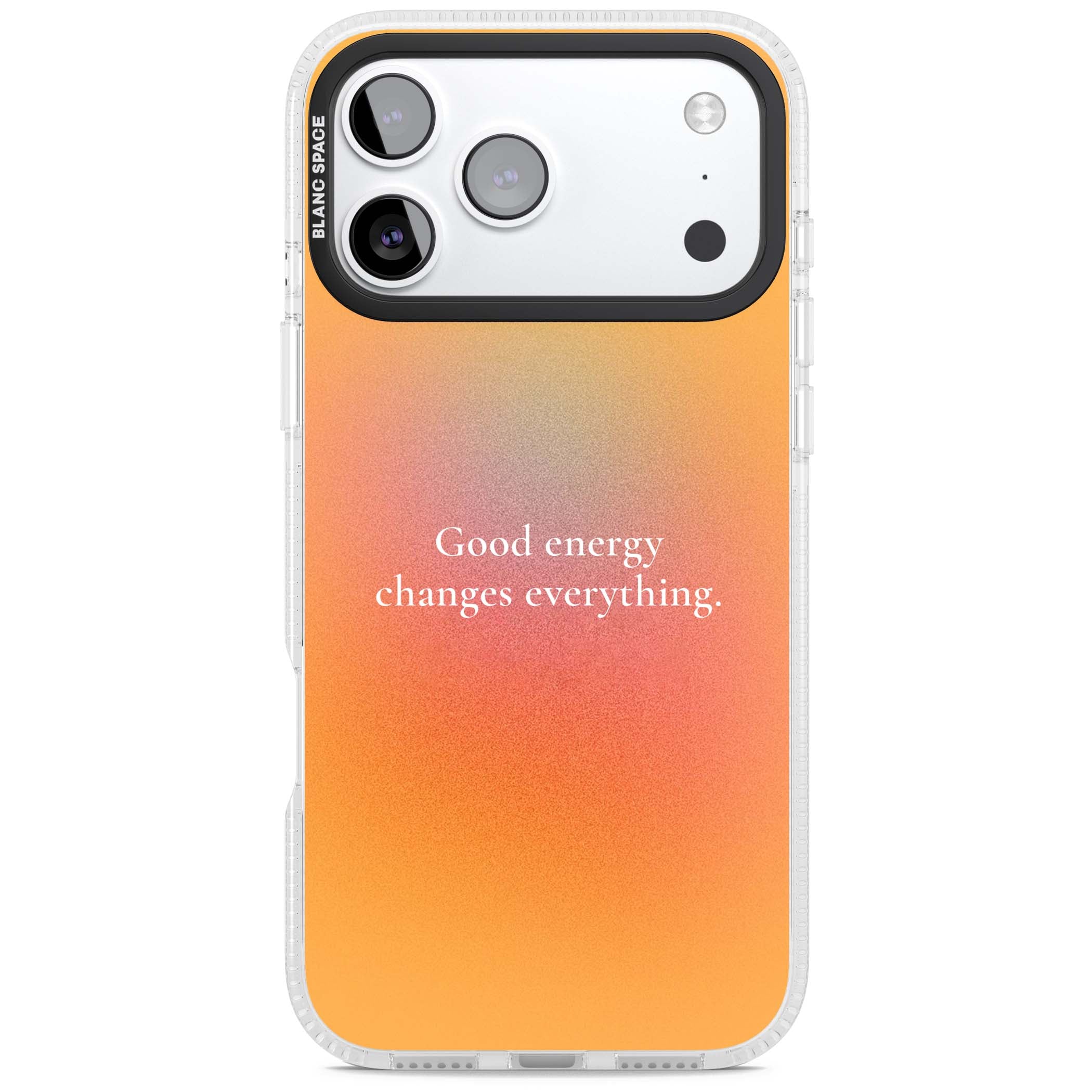 Good Energy quote iPhone case featuring an orange and pink aura gradient with white serif affirmation text | Clear Case Impact Air case for iPhone 17 Pro, iPhone 17 Pro Max