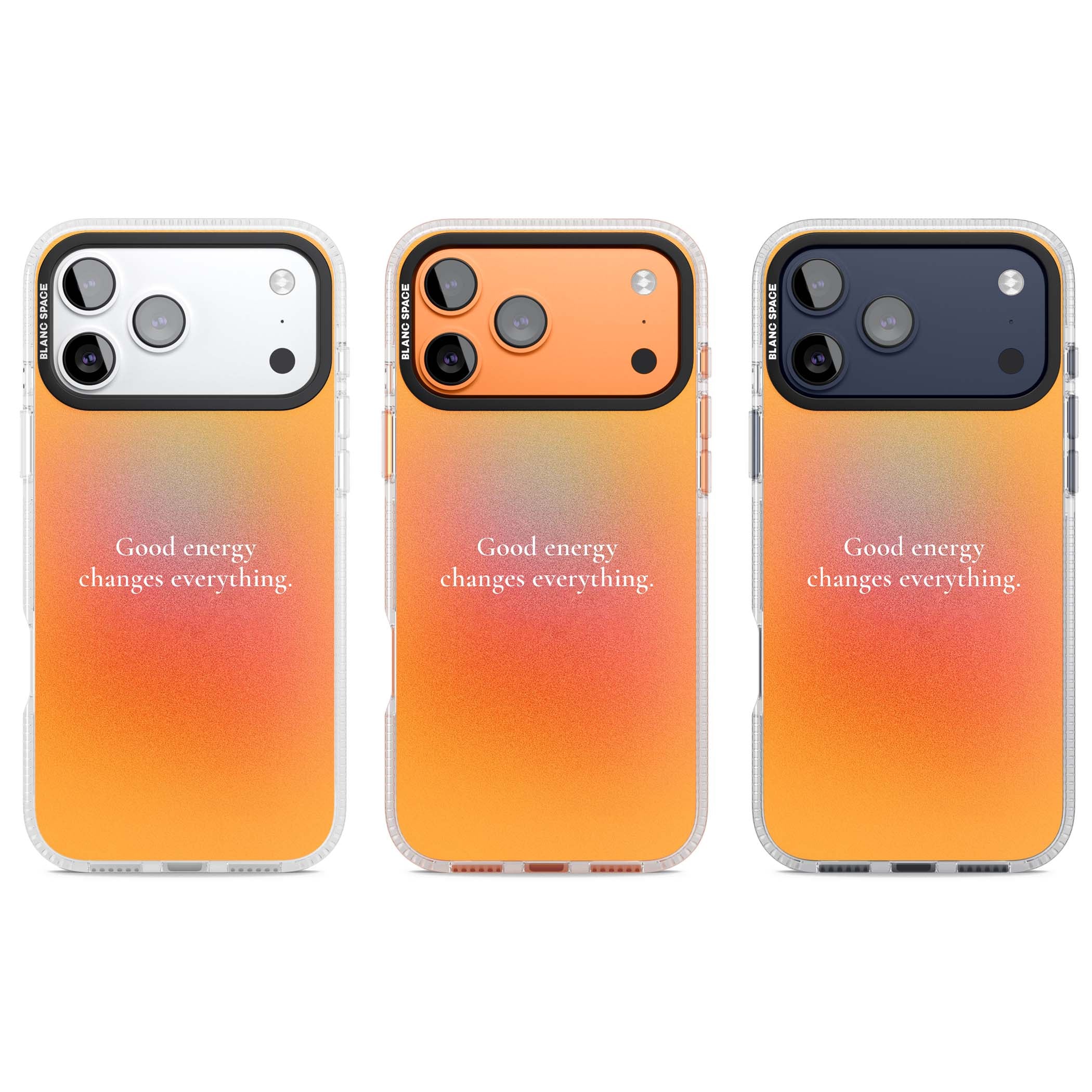 Good Energy quote iPhone case featuring an orange and pink aura gradient with white serif affirmation text | Clear Case Impact Air case for iPhone 17 Pro, iPhone 17 Pro Max