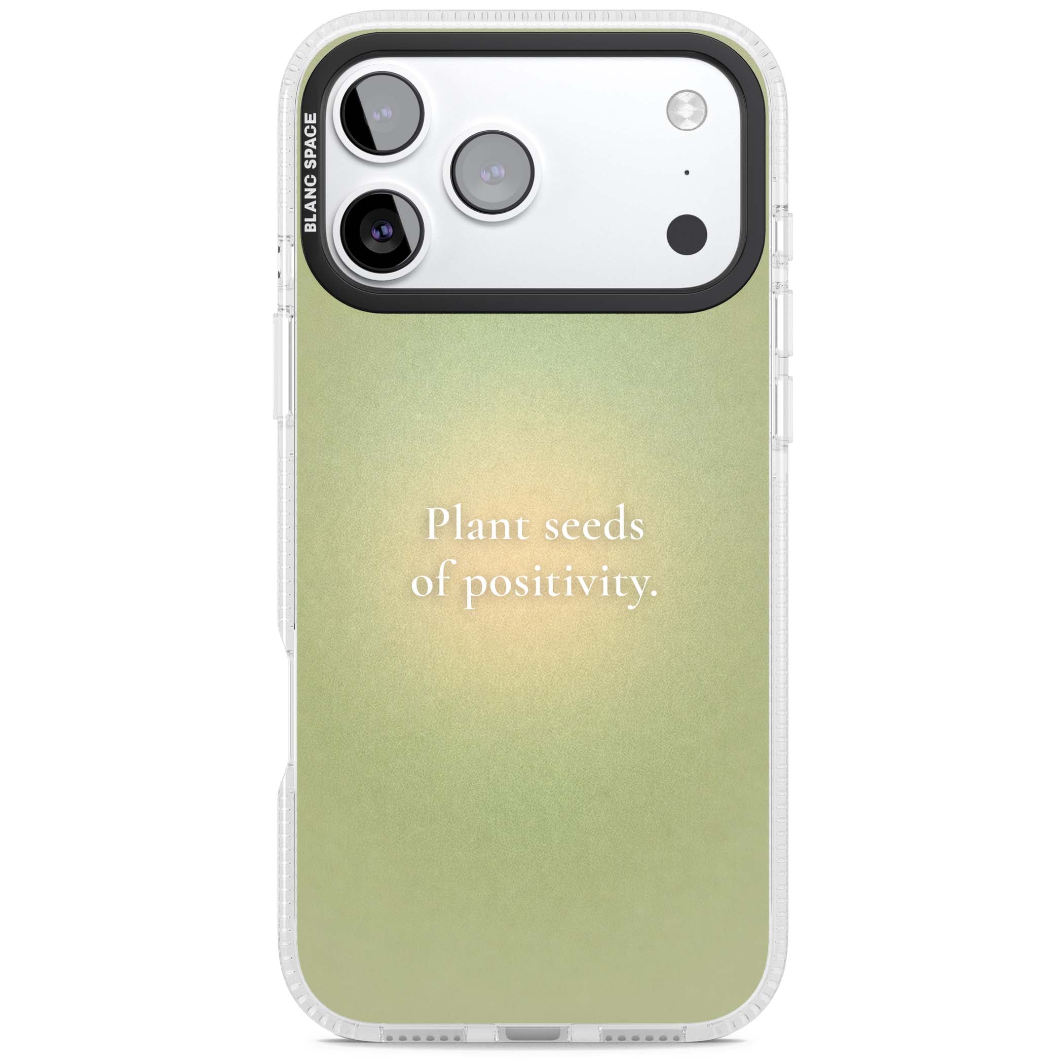 Seeds of Positivity quote iPhone case featuring a sage green aura gradient and golden glow affirmation | Clear Case Impact Air case for iPhone 17 Pro, iPhone 17 Pro Max