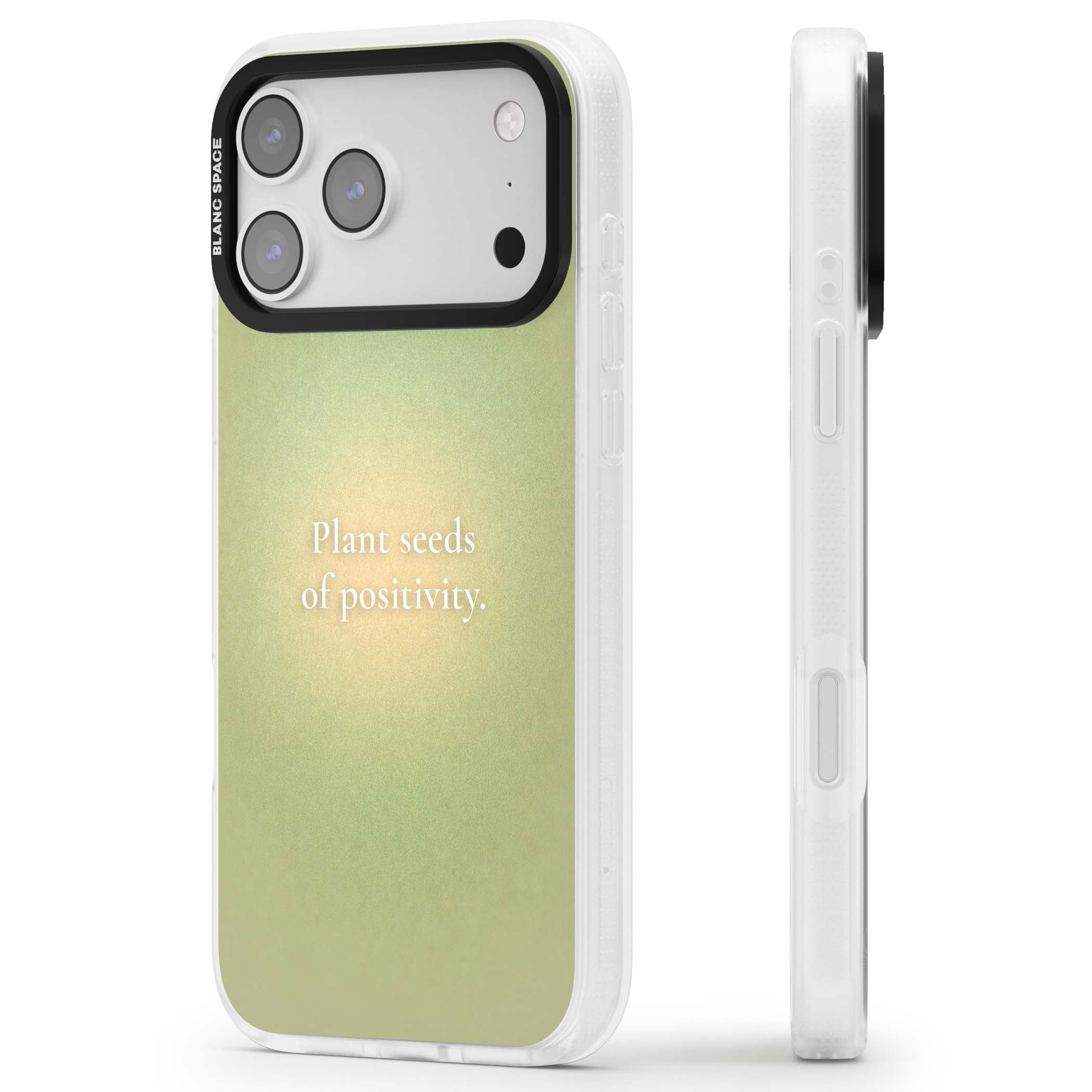 Seeds of Positivity quote iPhone case featuring a sage green aura gradient and golden glow affirmation | Clear Case Impact Air case for iPhone 17 Pro, iPhone 17 Pro Max