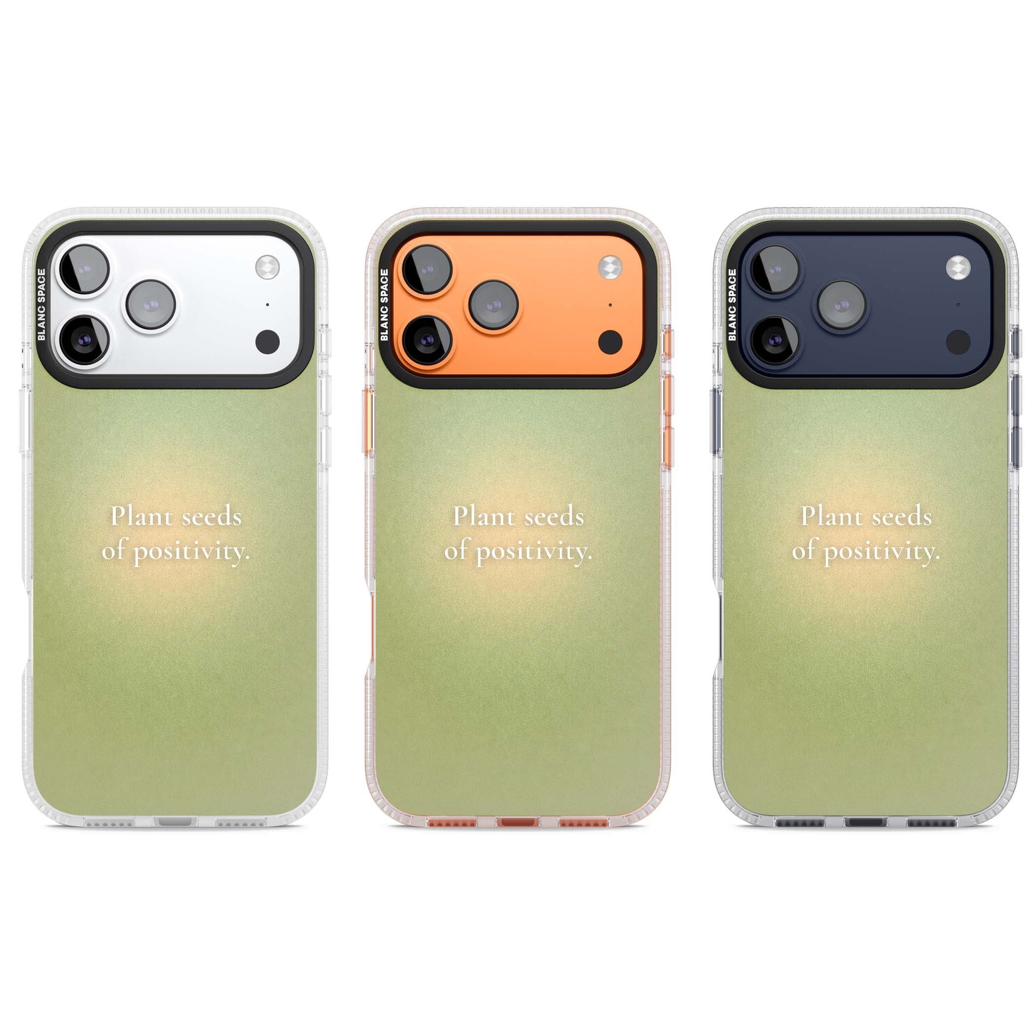 Seeds of Positivity quote iPhone case featuring a sage green aura gradient and golden glow affirmation | Clear Case Impact Air case for iPhone 17 Pro, iPhone 17 Pro Max