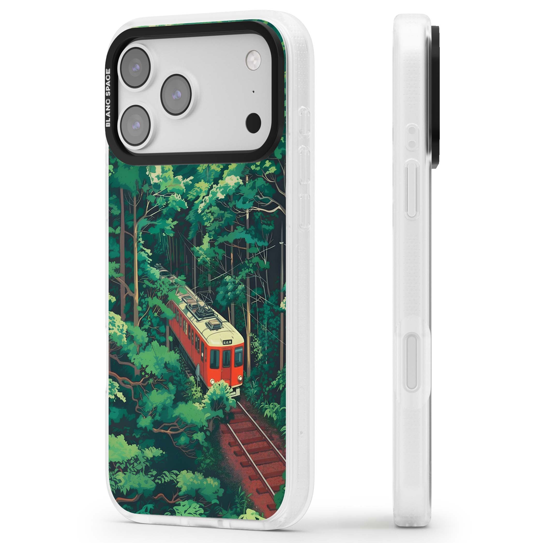 Railway In Toyama Japanese iPhone case featuring a red train, cedar forest and winding mountain railway tracks | Clear Case Impact Air case for iPhone 17 Pro, iPhone 17 Pro Max