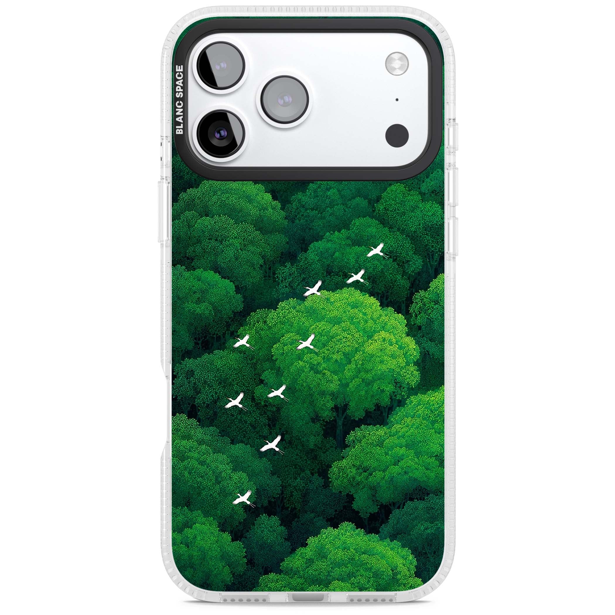 Grove Migration forest iPhone case featuring white cranes flying over lush green treetop canopy | Clear Case Impact Air case for iPhone 17 Pro, iPhone 17 Pro Max